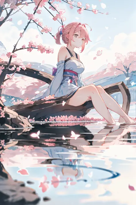 masterpiece, best quality, ultra-detailed, illustration, 1girl, solo,((sitting in the shallow water, surrounded by pink sakura p...