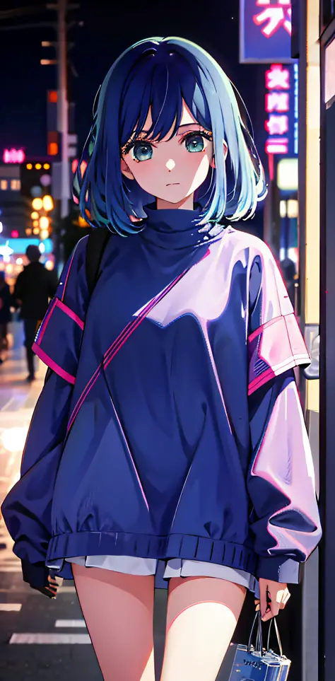 Best quality, Ultra high resolution, 1 girl, solo, upper body, Sky, City, street, Blue hair, (Pink eyes: 0.5), stylish, Off-the-...