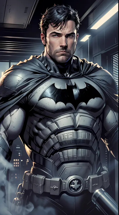 1 man, solo, Ben Affleck as Batman, tall, hunk, muscular, bulk, wide shoulder, photorealism, dark dirty grey suit, dark grey arm...