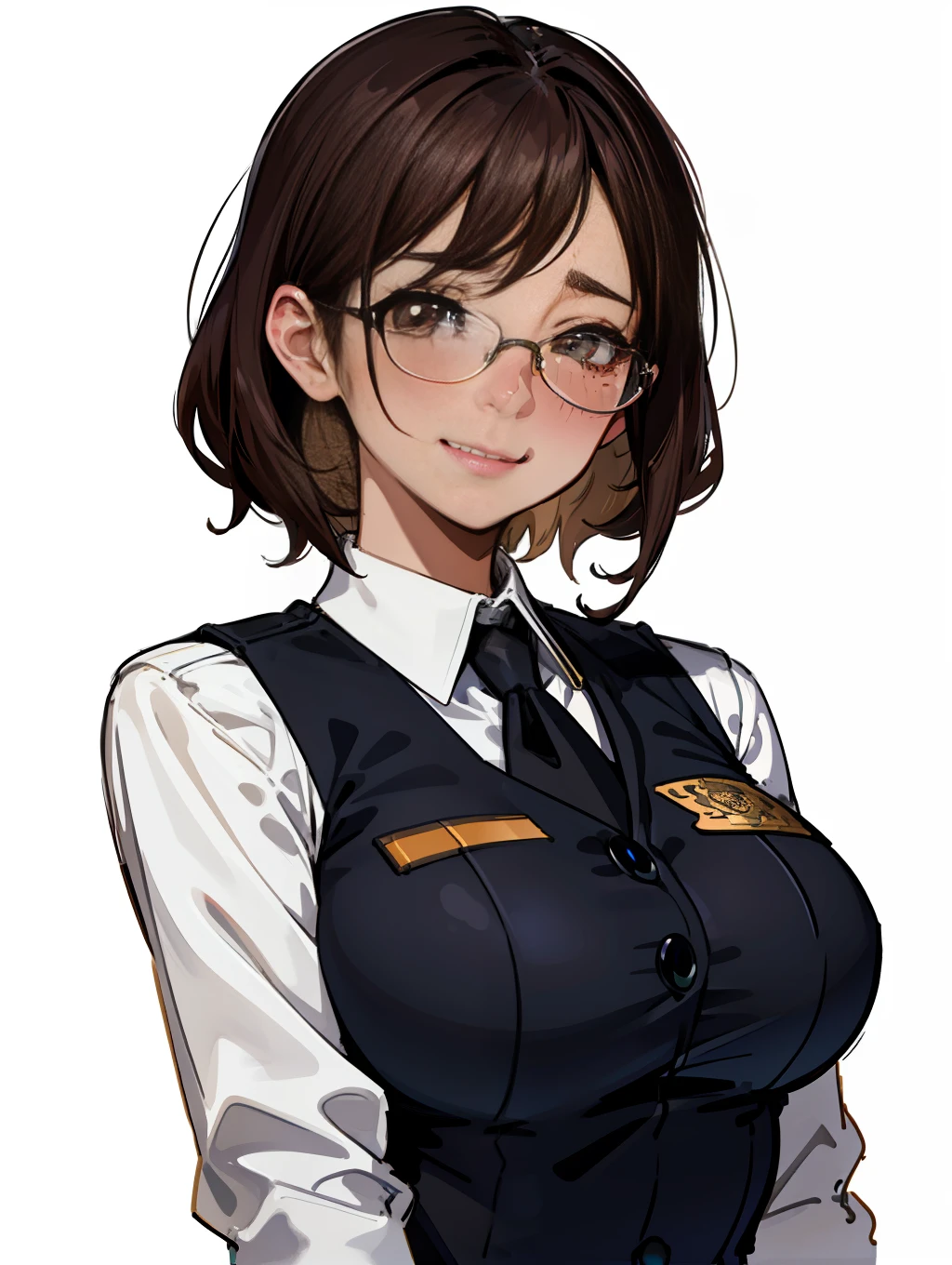 master-piece, hyper quality, hyper detailed, perfect drawing, solo, beauty, bountiful breasts, fluffy breasts, H cup bust, bust up, bulging bust top, blush, sweat, moist eyes, detailed drawing, accurate drawing, police officer, vest, uniform, special, glasses, brown tanned skin, slit eyes, long eyelashes, Cheeky smile