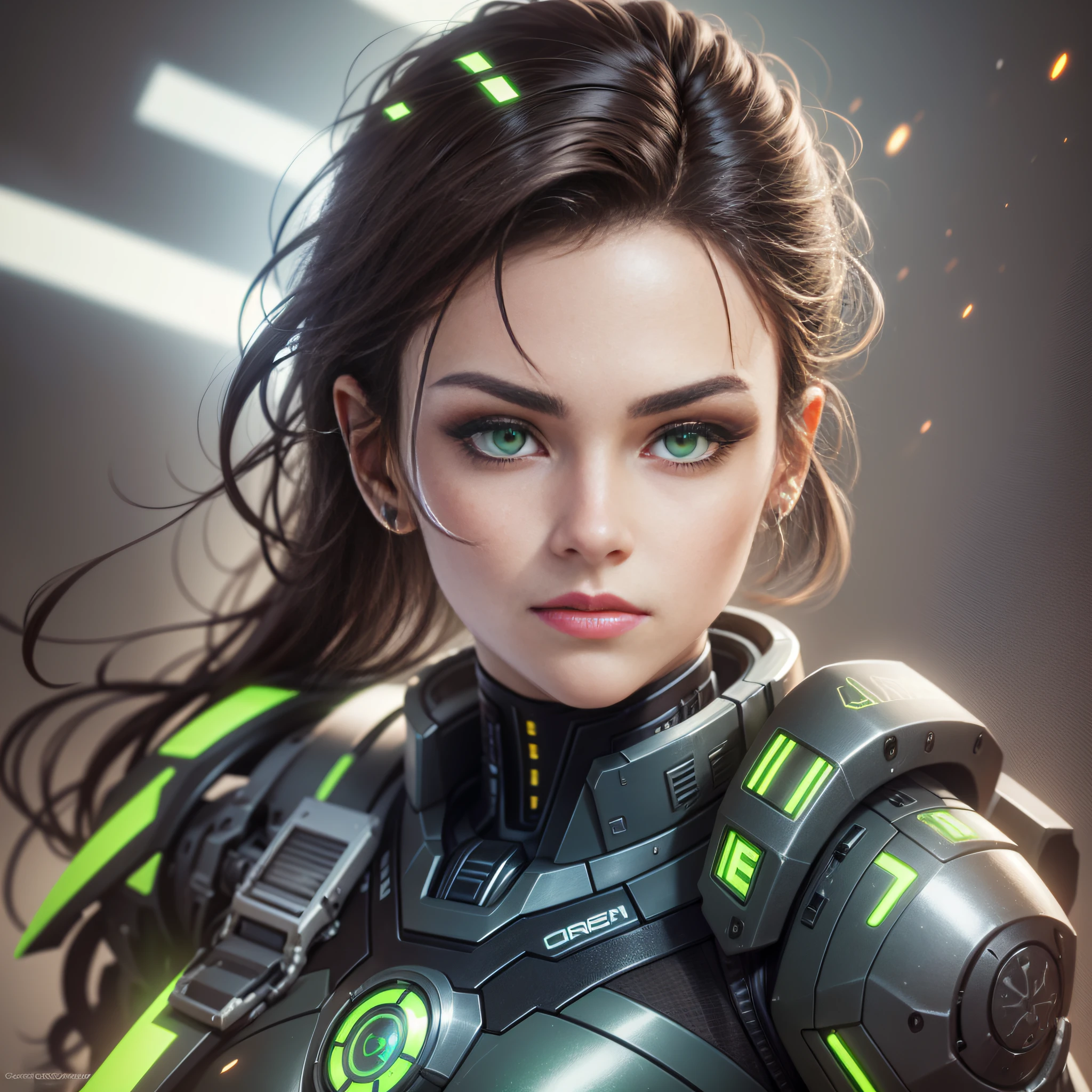 cyborg / dark brown hair / high definition / ultra realism / realism / cybernetic face / luminous dust / dark green eyes / mechanical bust --auto --s2