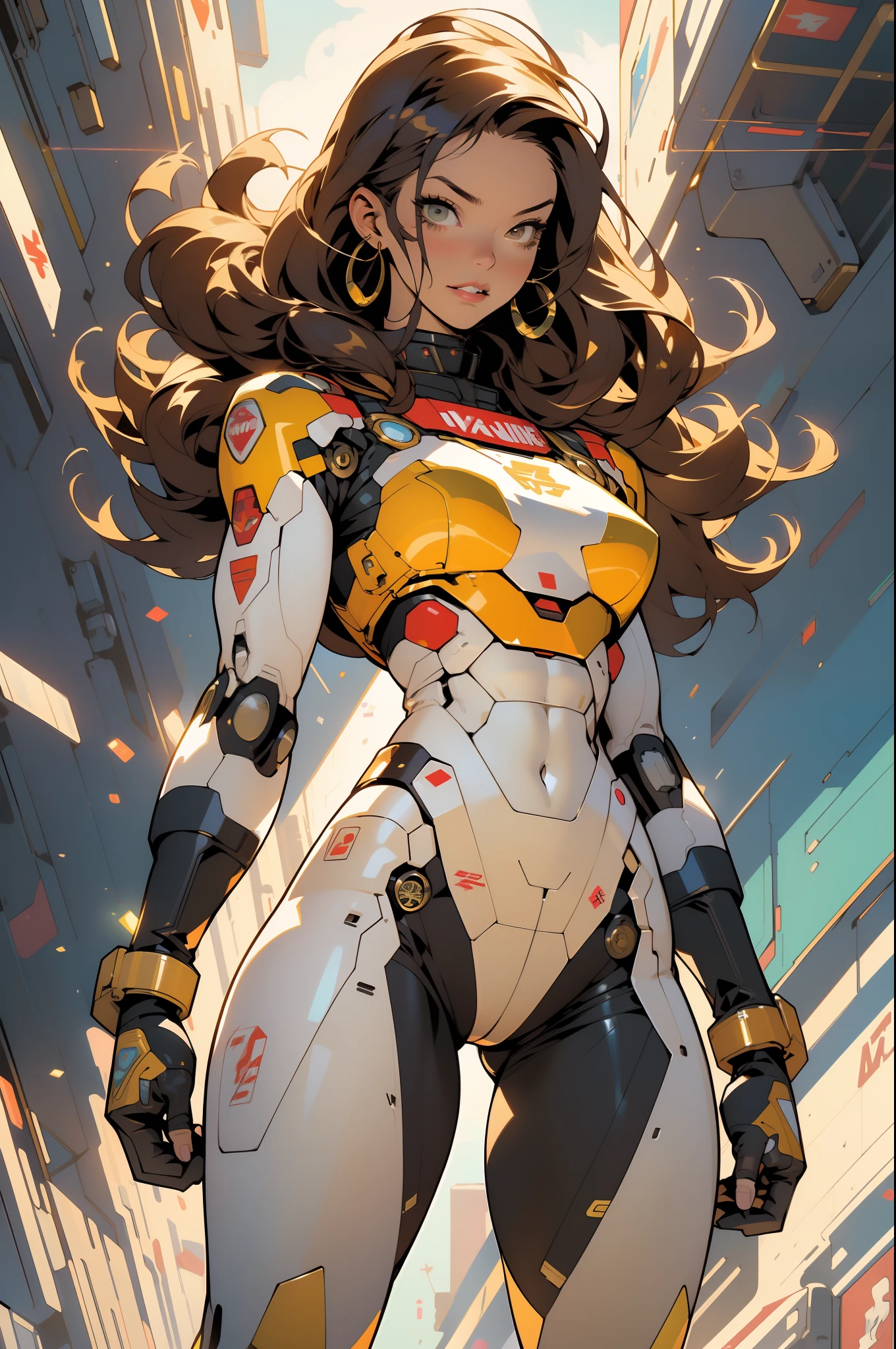 ((Best quality)), ((masterpiece)), (detailed: 1.4), (Absurd), (((full body)), (((woman))), 35-year-old woman, Beautiful muscular woman, giant robot pilot, wild with perfect body, wearing little clothing, tiny thong, clothing with Japanese graphic patterns, halftone pattern and vertical stripes, yellow gold, coming out of the body of a giant robot