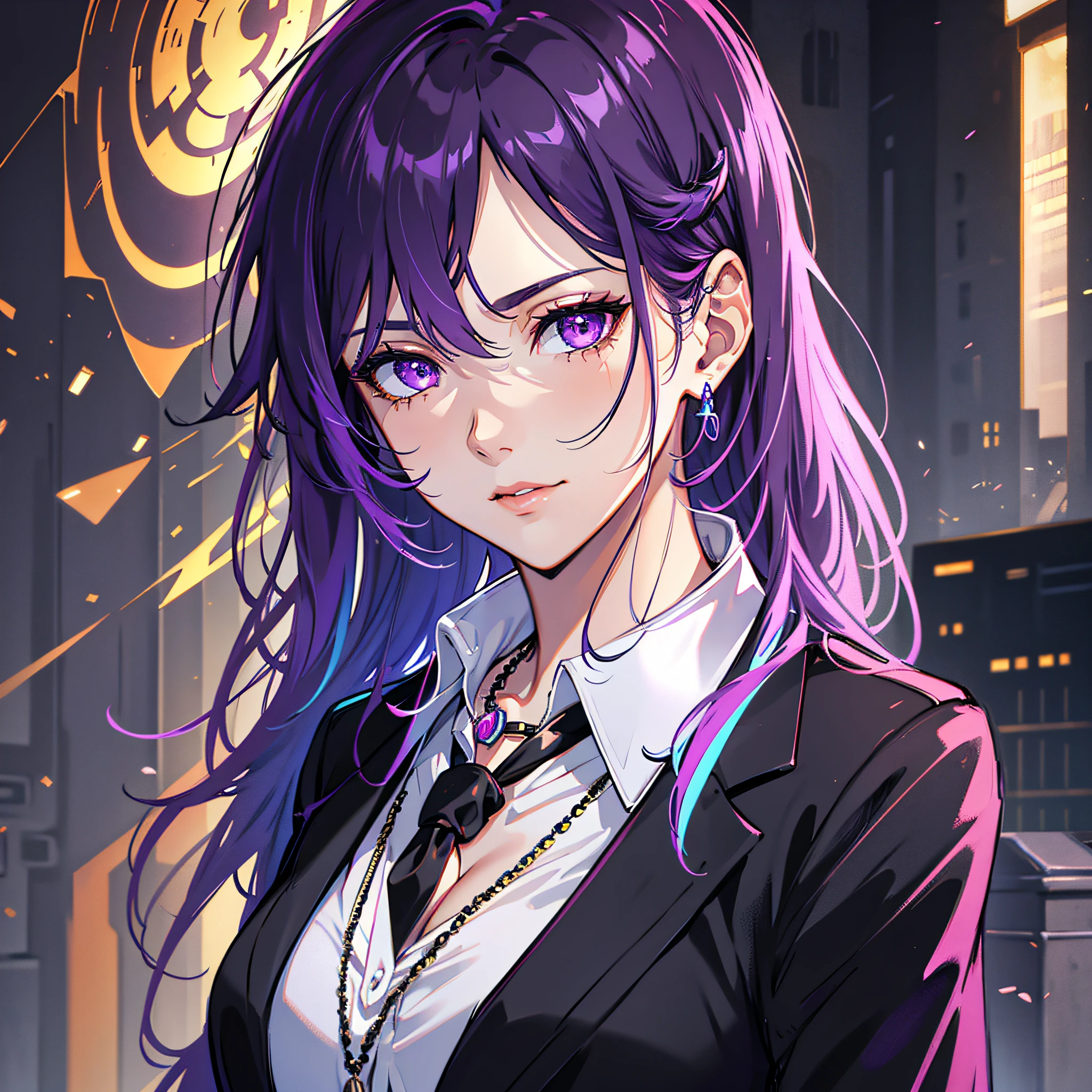 highres, highest quallity, illustration,  ultra detailed, (detailed face), (detailed eyes), cinematic lighting, best quality, hyper detailed, masterpiece, fine lines, 1girl, solo, purple hair, purple eyes, black blazer, white shirt, black tie,  jewellery, necklace, luminous eyes, medium breasts, light rays, (colorful), upper body, smug, outdoors, concrete wall, industrial