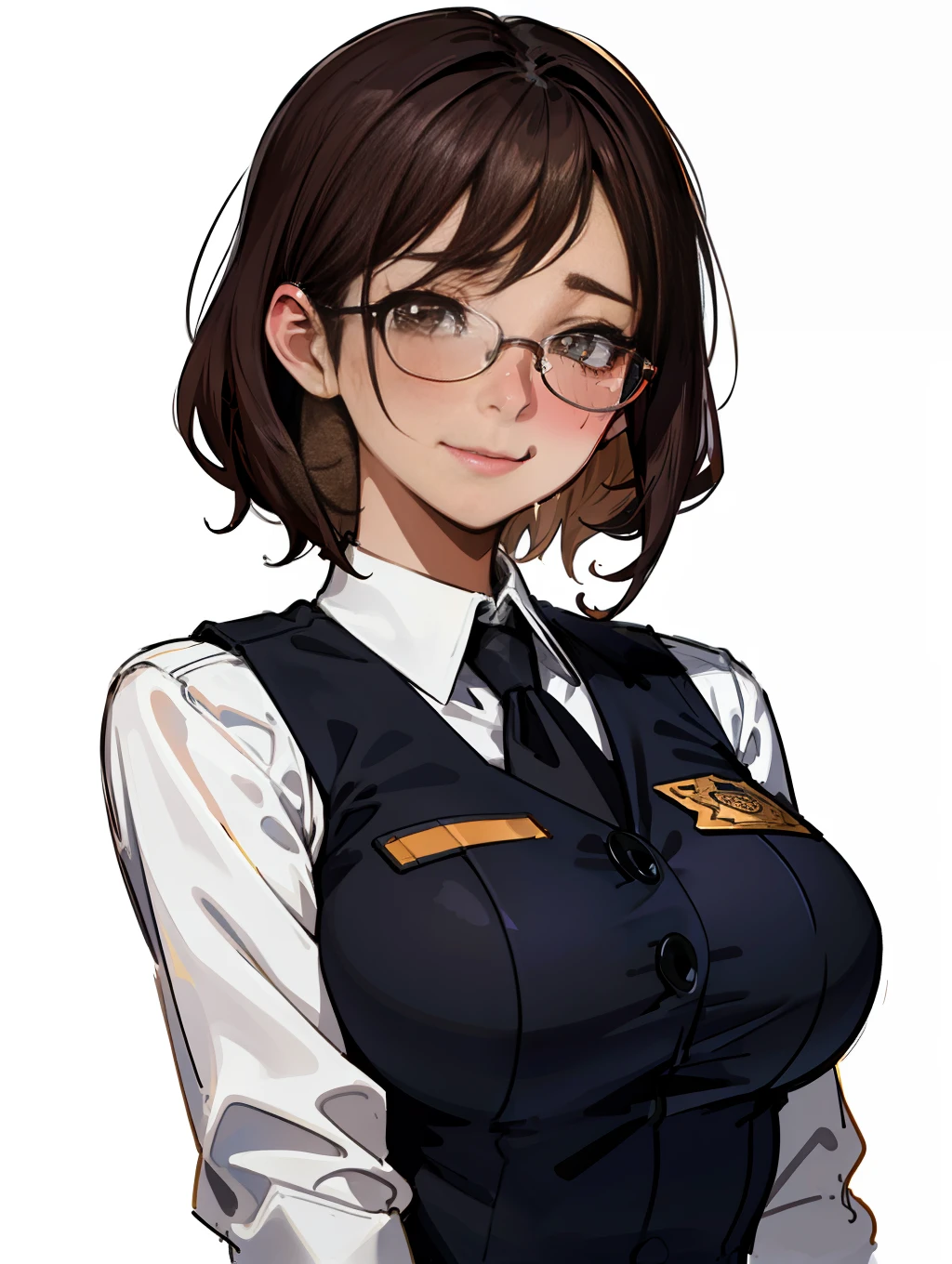 master-piece, hyper quality, hyper detailed, perfect drawing, solo, beauty, bountiful breasts, fluffy breasts, H cup bust, bust up, bulging bust top, blush, sweat, moist eyes, detailed drawing, accurate drawing, police officer, vest, uniform, special, glasses, brown tanned skin, slit eyes, long eyelashes, Cheeky smile