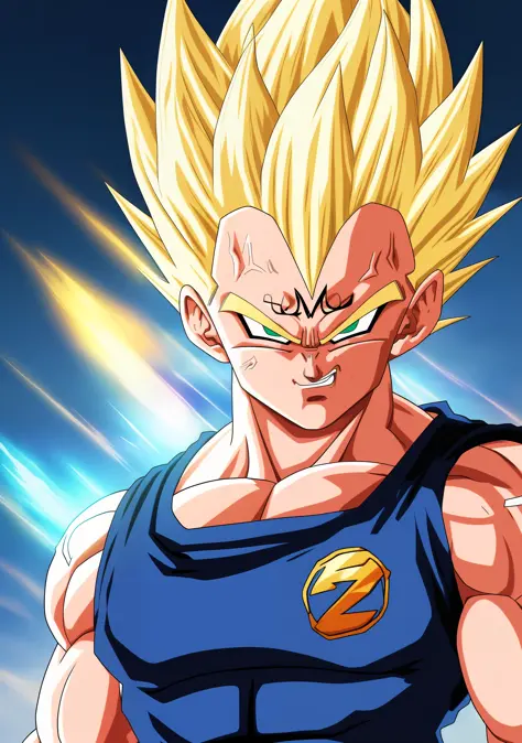 A Majin2 portrait, digital art, blonde ,blonde eyebrows,digital art, clenched fists, looking,full head,anatomically correct, (((8k resolution))) , M in front, copy of Majin Vegeta by Dragon Ball Z, 1 character  master piece,  super definition.