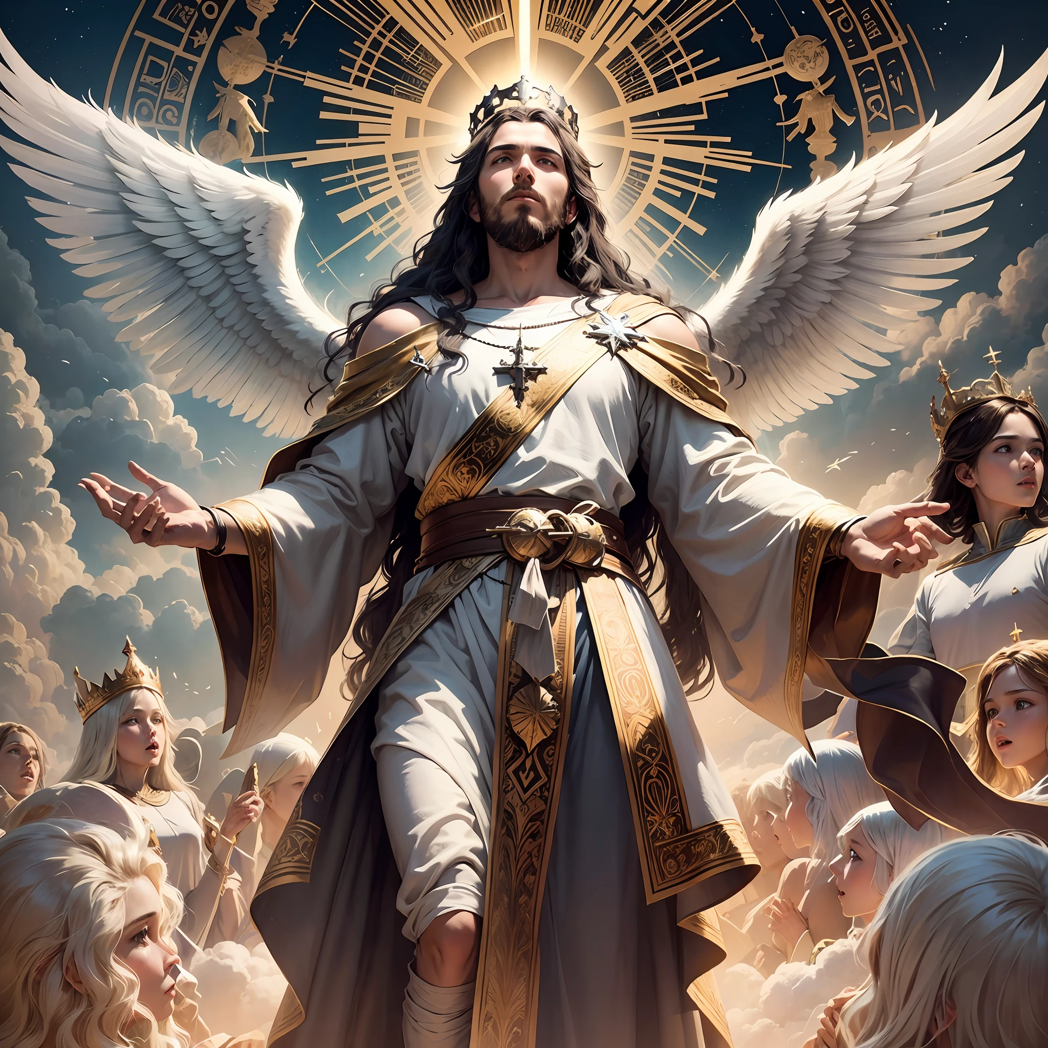 Create an image that represents the return of Christ, where he will be on his throne on the clouds in high glory, with a crown, and his angels will be descending from the heavens and below a crowd waiting to be saved