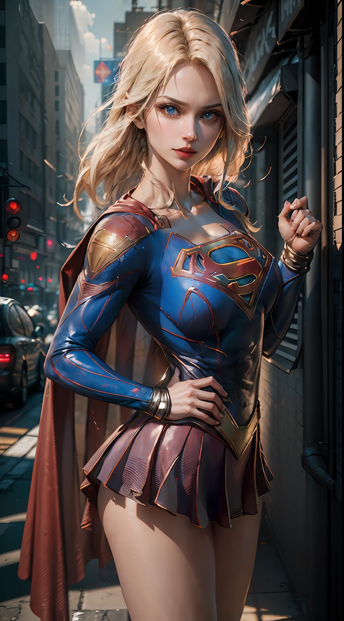 ((Best Supergirl Quality)), ((masterpiece)), (detailed: 1.4), 3D, an image of a beautiful blonde woman with cyberpunk blue eyes,HDR (High Dynamic Range),Ray Tracing,NVIDIA RTX,Super-Resolution,Unreal 5,Subsurface Dispersion, PBR Texture, Post-processing, Anisotropic filtering, Depth of field, Maximum clarity and sharpness, Multilayer textures, Albedo and specular maps, Surface shading, Accurate simulation of light-material interaction,  Perfect Proportions, Octane Render, Two-Tone Lighting,Wide Aperture,Low ISO,White Balance,Rule of Thirds,8K RAW, Using Superman S symbol on Chest. Cyberpunk.