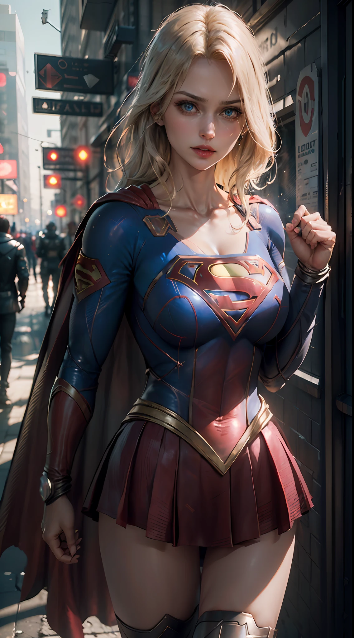 ((Best Supergirl Quality)), ((masterpiece)), (detailed: 1.4), 3D, an image of a beautiful blonde woman with cyberpunk blue eyes,HDR (High Dynamic Range),Ray Tracing,NVIDIA RTX,Super-Resolution,Unreal 5,Subsurface Dispersion, PBR Texture, Post-processing, Anisotropic filtering, Depth of field, Maximum clarity and sharpness, Multilayer textures, Albedo and specular maps, Surface shading, Accurate simulation of light-material interaction,  Perfect Proportions, Octane Render, Two-Tone Lighting,Wide Aperture,Low ISO,White Balance,Rule of Thirds,8K RAW, Using Superman S symbol on Chest. Cyberpunk.