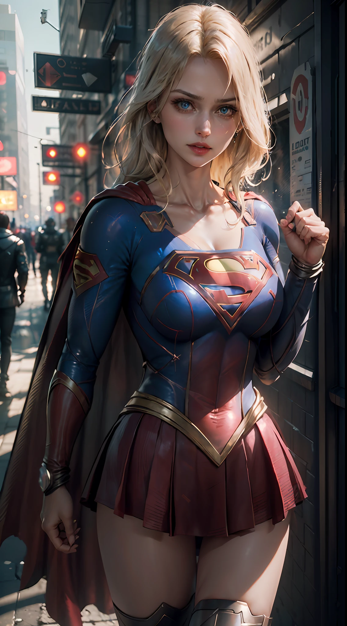 ((Mejor calidad de Supergirl)), ((Obra maestra)), (detallado: 1.4), 3d, una imagen de una hermosa mujer rubia con ojos azules cyberpunk,HDR (Alto rango dinámico),trazado de rayos,NVIDIA RTX,Súper resolución,irreal 5,dispersión del subsuelo, Textura PBR, Postprocesamiento, Filtrado anisotrópico, profundidad de campo, Máxima claridad y nitidez, Texturas multicapa, Albedo and specular maps, Sombreado de superficie, Simulación precisa de la interacción entre la luz y el material.,  proporciones perfectas, renderizado de octanaje, Iluminación de dos tonos,Amplia apertura,ISO bajo,balance de blancos,Regla de los tercios,8K CRUDO, Usando el símbolo Superman S en el pecho. ciberpunk.