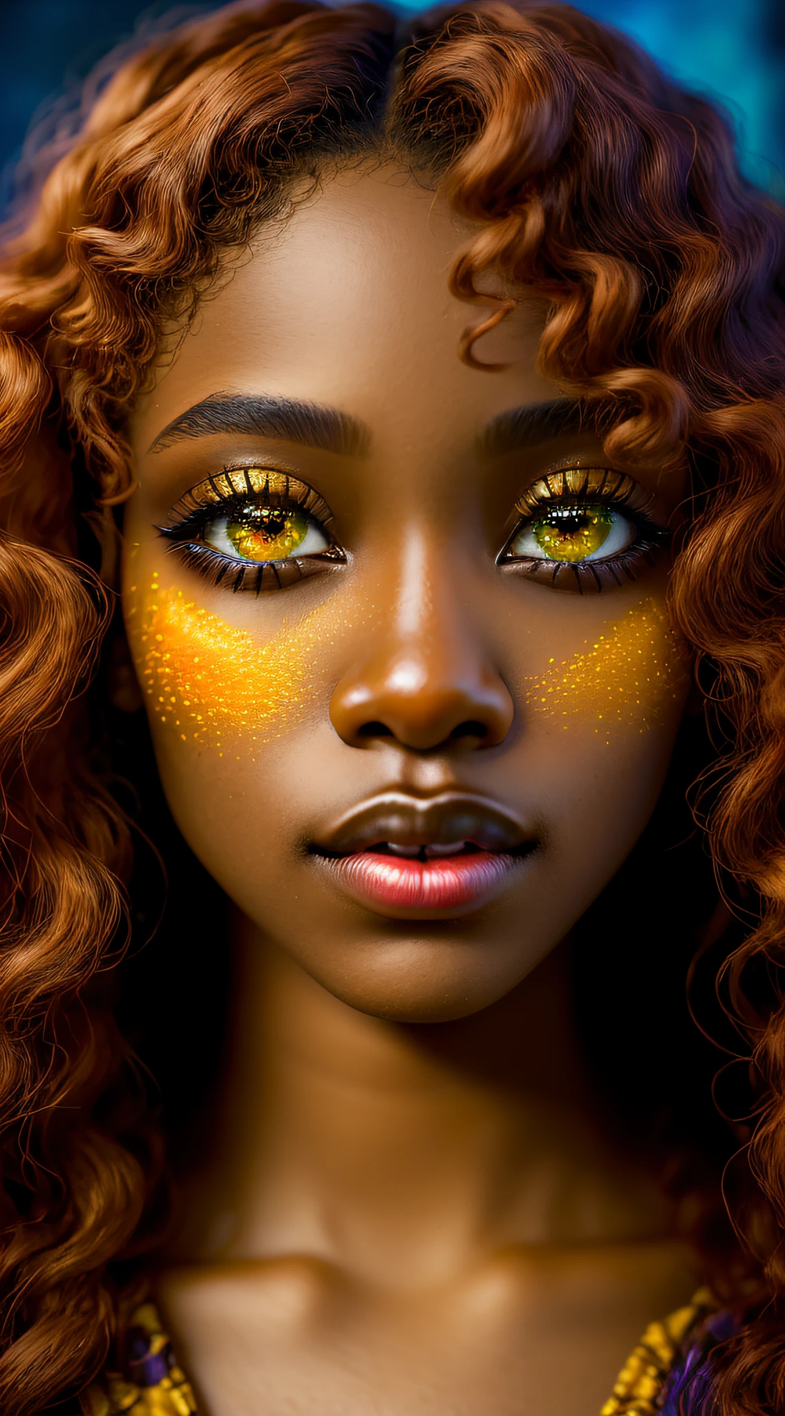 A woman with orange hair and yellow makeup looks into the camera - SeaArt AI