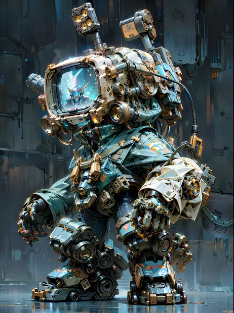 there is a robot with a tv on it's head, cute elaborate epic robot, painterly humanoid mecha, rolands zilvinskis 3d render art, ...