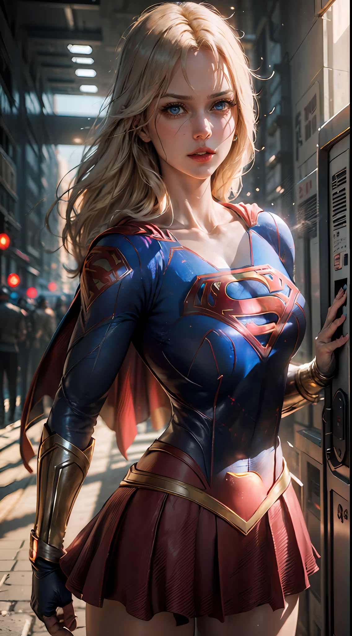 ((Best Supergirl Quality)), ((masterpiece)), (detailed: 1.4), 3D, an image of a beautiful blonde woman with cyberpunk blue eyes,HDR (High Dynamic Range),Ray Tracing,NVIDIA RTX,Super-Resolution,Unreal 5,Subsurface Dispersion, PBR Texture, Post-processing, Anisotropic filtering, Depth of field, Maximum clarity and sharpness, Multilayer textures, Albedo and specular maps, Surface shading, Accurate simulation of light-material interaction,  Perfect Proportions, Octane Render, Two-Tone Lighting,Wide Aperture,Low ISO,White Balance,Rule of Thirds,8K RAW, Using Superman S symbol on Chest.