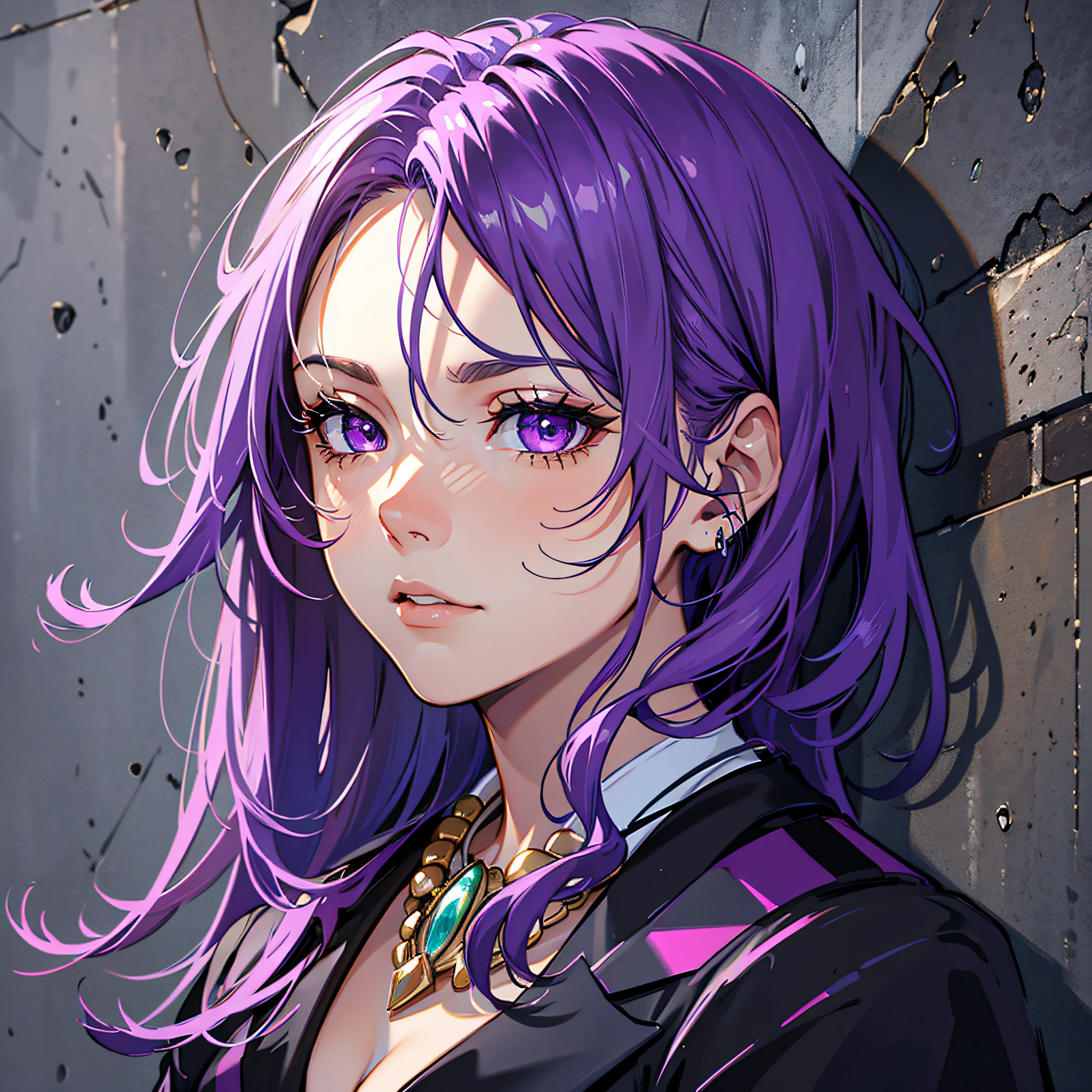 Anime girl with purple hair and purple eyes standing in front of a brick  wall - SeaArt AI