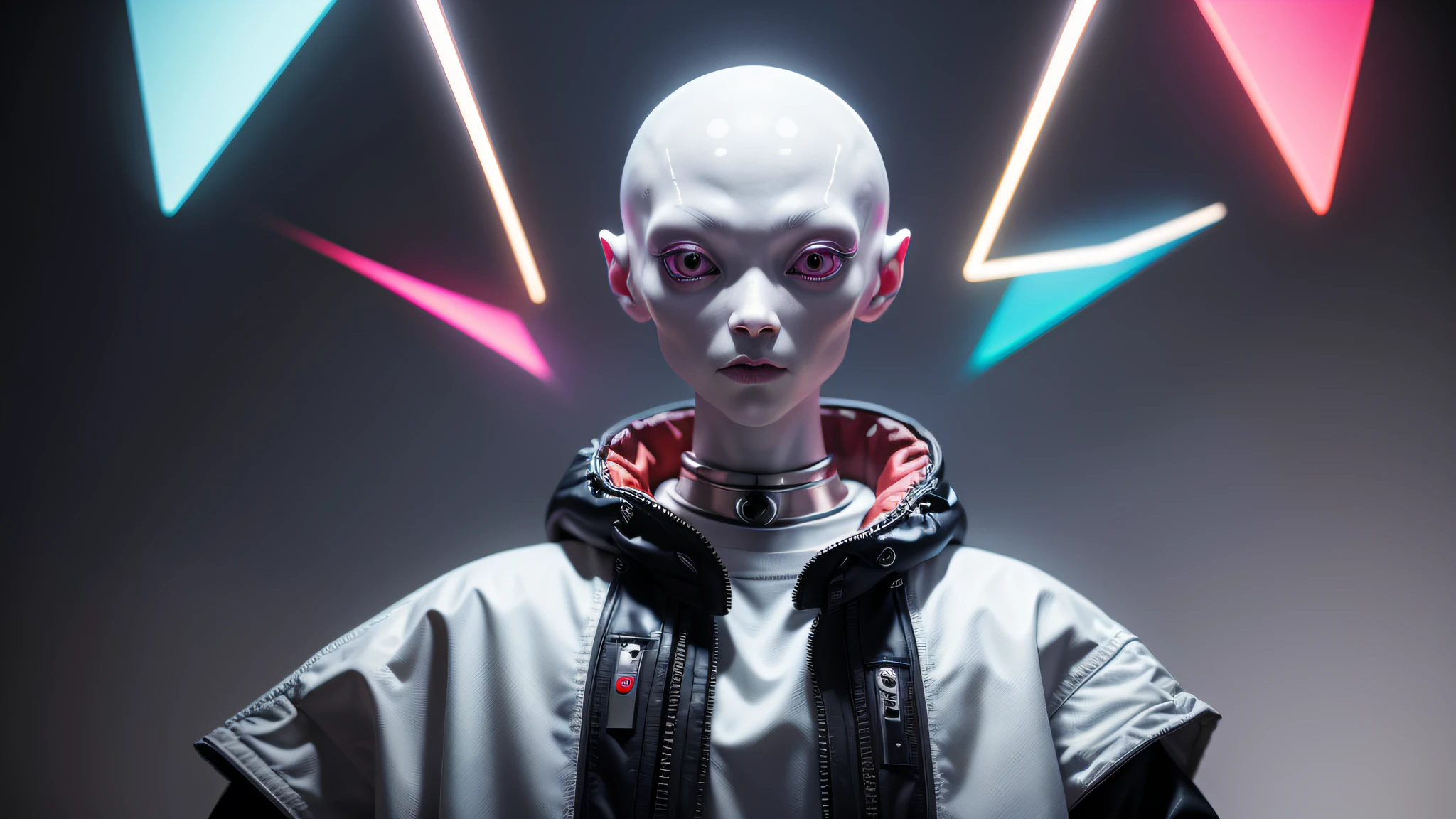 An alien, with albino and realistic skin, large head, short and thin neck, very large eyes and all black, which reflects the local lighting, a nose similar to that of humans but small, a mouth similar to that of humans but small, the body is thin and thin, the alien wears a white sleeve shirt with a letter made of small silver that appears to the right represented within a triangle of the same size, the clothing is inspired by the clothes used for surfing, the color to be used is red, pink chock and blue, as well as details of the environment, and manufactured with neoprene fabric, it is possible to notice a silver necklace hanging from his neck, with a pinjente in the triangular shape with an eye that sees everything in the center as a symbol. the alien is in a recording studio whose scenery is minimalist and features a gray background in gradient hue to circular white, the camera captures the image from the waist up, the alien presents friendly and light expressions, the alien interact with the camera always with a slight smile of satisfaction and tranquility,  The skin used and all the elements are of extreme realism, especially the skins, the lighting is an illumination inspired by the 80s.