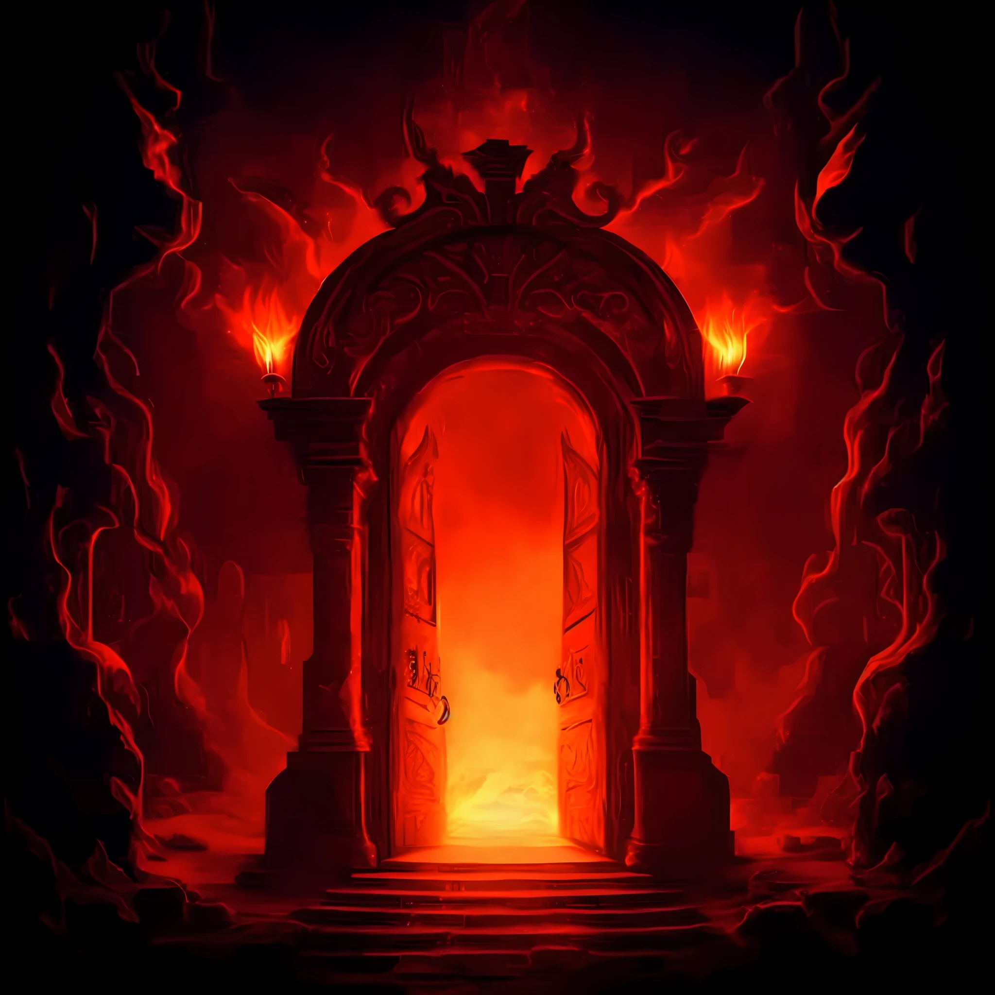 a red fire door in a dark room with a fire coming out, a portal to the lost flame realm, portal to hell, gate to hell, the gate to hell, the gates of hell, gates of hell, the great door of hell, hell background, portal to the ethereal realm, studying a hell open rift portal, a portal to the depths
