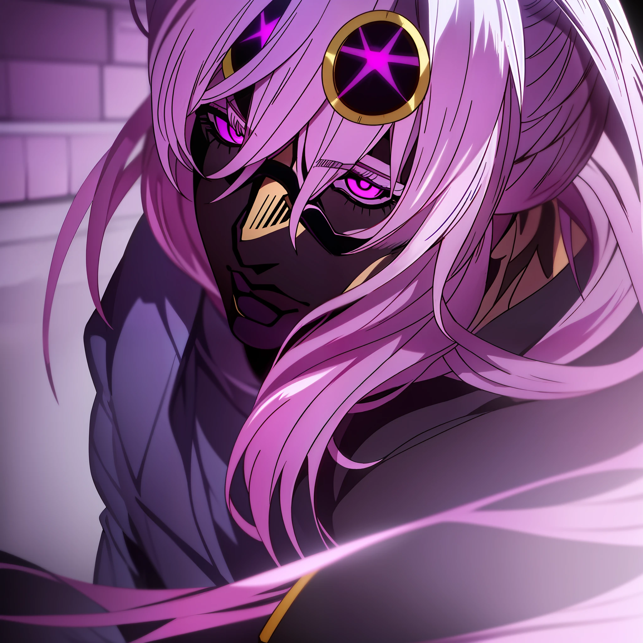 anime man with glasses and tie, with bright purple eyes, half-body headshot, bright purple eyes, half-body portrait, darksynth character portrait, sunglasses, black mask, high quality, masterpiece, (jojo style), (araki style)