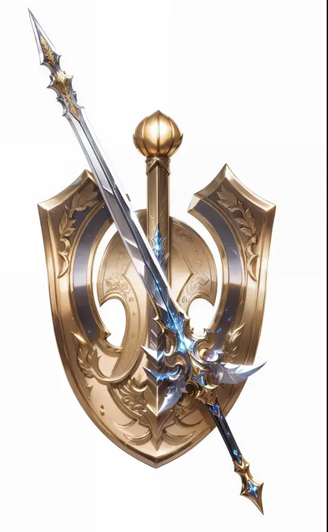 Masterpiece, best quality, (very detailed CG unified 8k wallpaper), (best quality), (best illustration), (best shadow), glowing elf, (natural element), golden shield with a long sword in front of it, royal shield, long sword, clear lines --auto --s2
