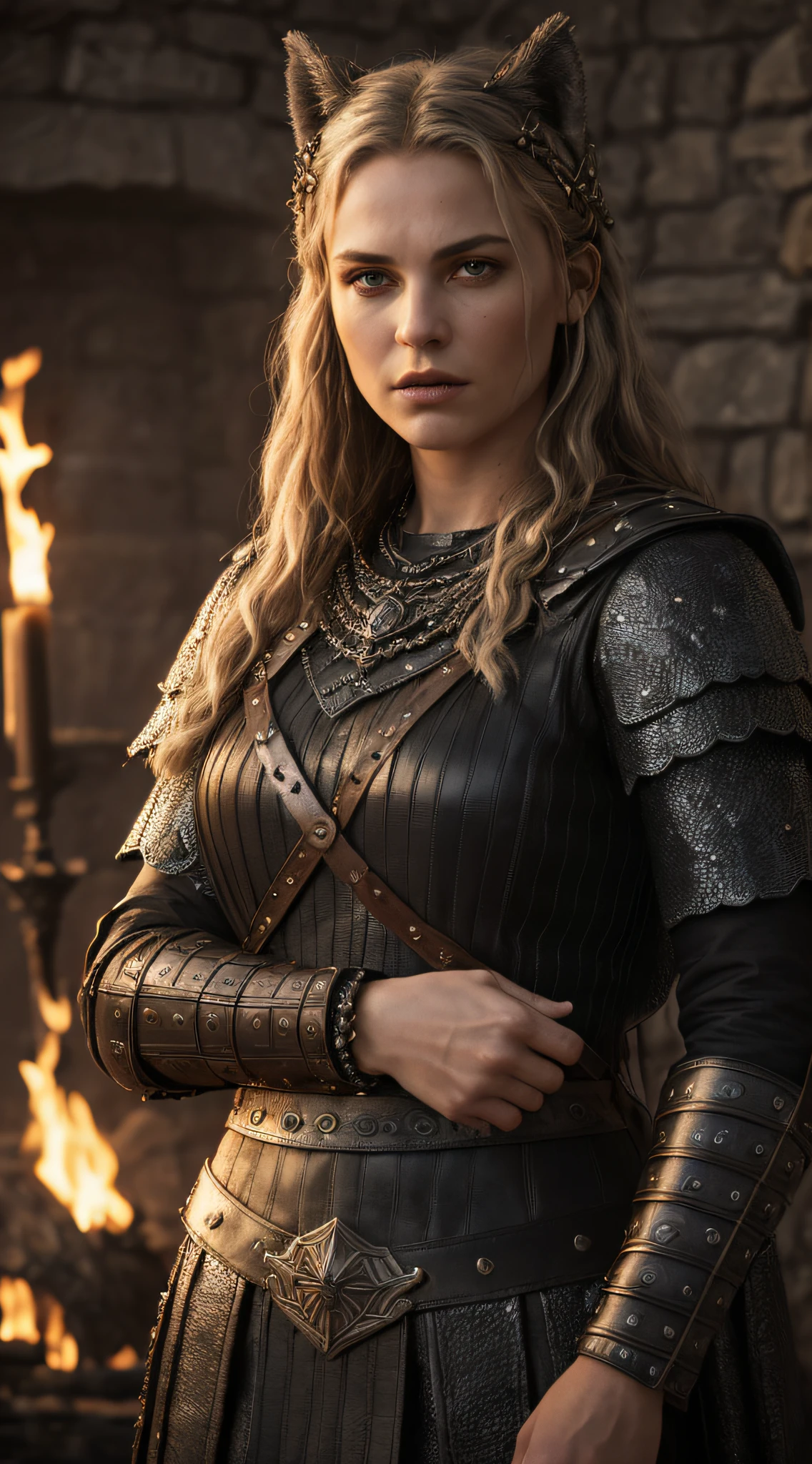 (Highest quality:1.3), cinematic shot, masterpiece, cinematic lights, cinematic scene, (sharp focus:1.5), (photorealistic:1.3),  medium portrait of (a weary-looking but still proud and fierce-looking woman Viking warrior and your big black wolf, now the leader of his village, dressed in elaborately detailed chain mail and leather armour, a few torches burn on the walls, giving the scene a dark atmosphere but sculpting the forms in sharp chiaroscuro), it is night time, (highly detailed skin),  (detailed face), detailed background, dark lighting, twilight lighting, volumetric lighting,  intricate details, UHD,