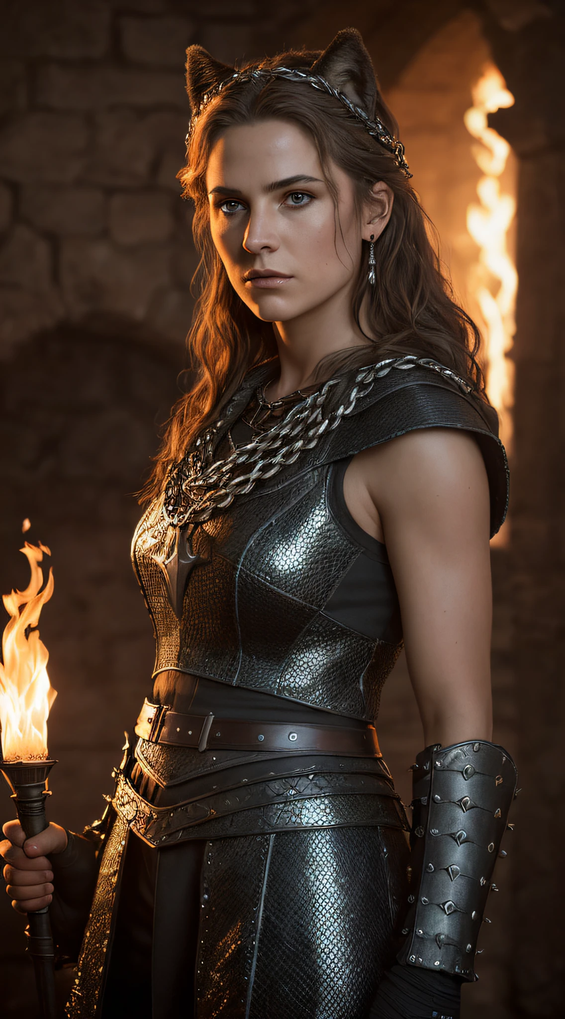 (Highest quality:1.3), cinematic shot, masterpiece, cinematic lights, cinematic scene, (sharp focus:1.5), (photorealistic:1.3),  medium portrait of (a weary-looking but still proud and fierce-looking woman Viking warrior and your big black wolf, now the leader of his village, dressed in elaborately detailed chain mail and leather armour, a few torches burn on the walls, giving the scene a dark atmosphere but sculpting the forms in sharp chiaroscuro), it is night time, (highly detailed skin),  (detailed face), detailed background, dark lighting, twilight lighting, volumetric lighting,  intricate details, UHD,