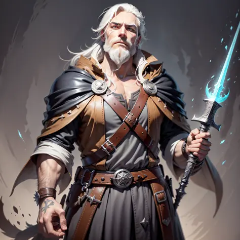 a medieval master sorcerer wearing a white beard, holding a dagger in his hands,
He is dressed in a heavy leather robe that covers his body from neck to feet, inspired by Johannes Helgeson, rpg, 
portrait, painted portrait of injured odin, rpg book portrai...