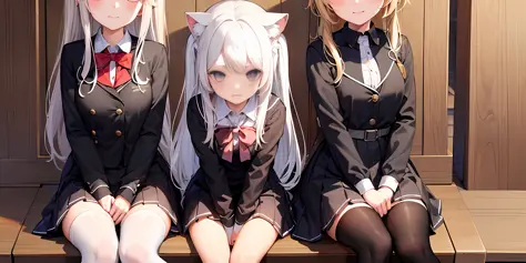 three loli loli, (white hair: 1.1), (black hair: 1.1), (blonde: 1.1), cat ears, school uniform, sitting in a row, looking at the...