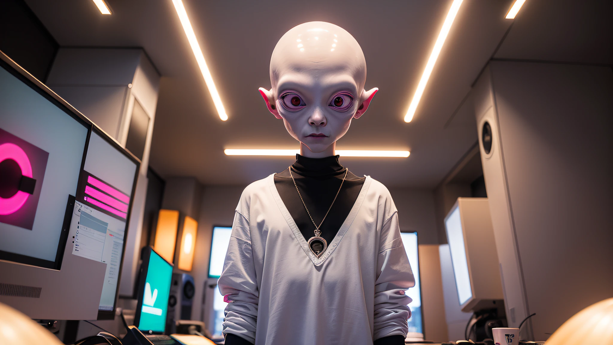 An alien, with albino and realistic skin, large head, short and thin neck, very large eyes and all black, which reflects the local lighting, a nose similar to that of humans but small, a mouth similar to that of humans but small, the body is thin and thin, the alien wears a white sleeve shirt with a letter made of small silver that appears to the right represented within a triangle of the same size, the clothing is inspired by the clothes used for surfing, the color to be used is red, pink chock and blue, as well as details of the environment, and manufactured with neoprene fabric, it is possible to notice a silver necklace hanging from his neck, with a pinjente in the triangular shape with an eye that sees everything in the center as a symbol. the alien is in a recording studio whose scenery is minimalist and features a gray background in gradient hue to circular white, the camera captures the image from the waist up, the alien presents friendly and light expressions, the alien interact with the camera always with a slight smile of satisfaction and tranquility,  The skin used and all the elements are of extreme realism, especially the skins, the lighting is an illumination inspired by the 80s.