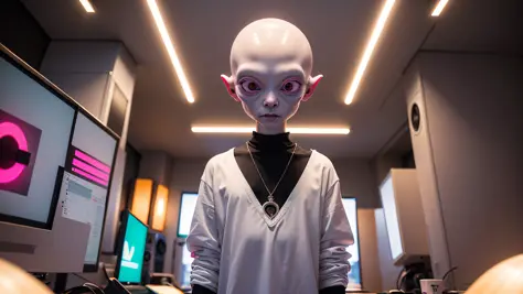 An alien, with albino and realistic skin, large head, short and thin neck, very large eyes and all black, which reflects the loc...