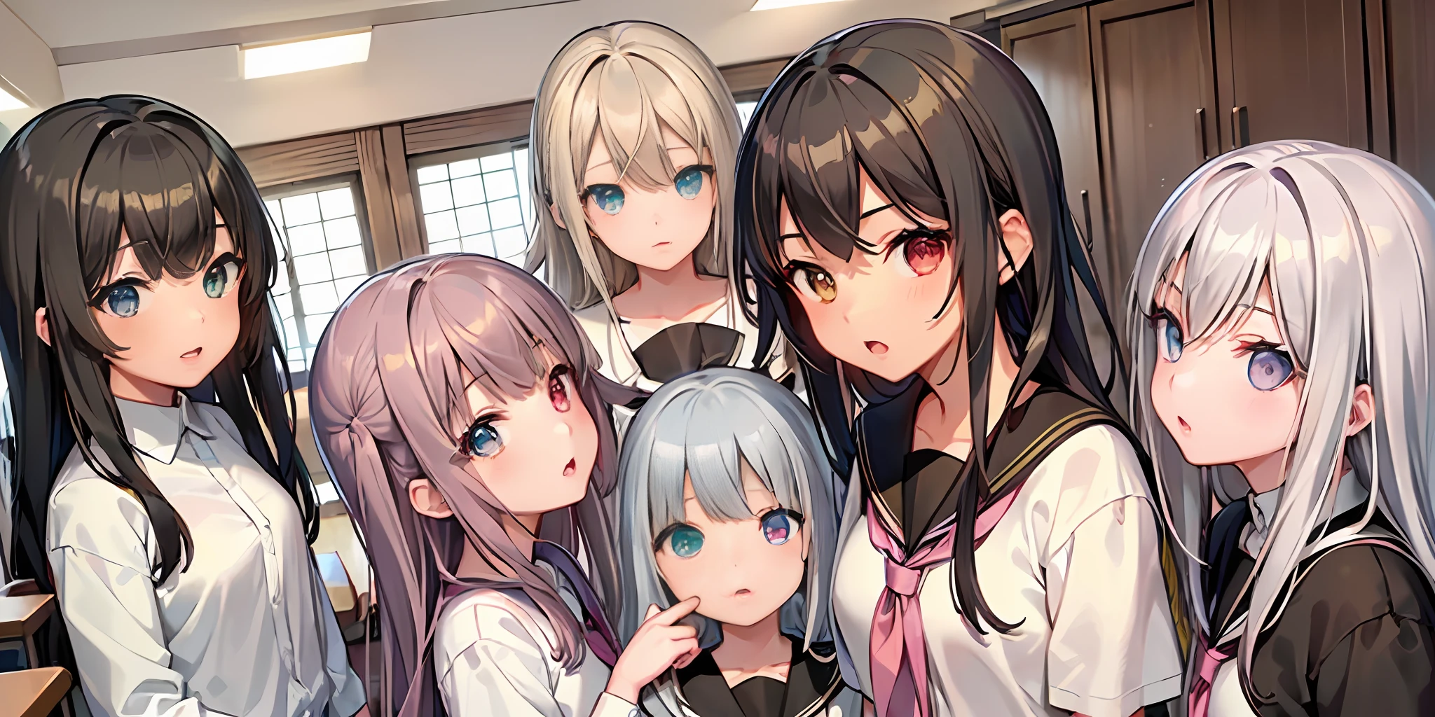 (Five girls), (Five girls made in a row), (Black hair black eyes loli, blonde blue eyes loli, white hair red eyes loli, violet hair heterochromia pupil loli, pink hair green eyes loli), school uniform, well-behaved, classroom background