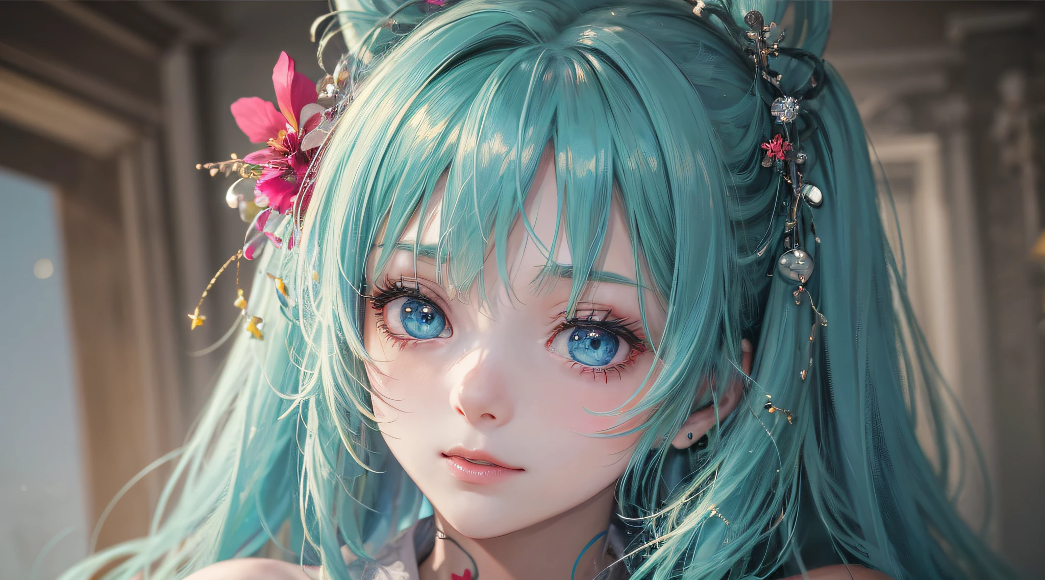 1, masterpiece, dreamy, complex details, studio photography, cinematic light, high brightness, depth of field, bright, light, pastel, colorful, vibrant, bright, sunny, bright and vibrant, high-key, vivid, depth of field,
1 girl, (Hatsune Miku: 1.5), long hair, shiny hair, upper body, bright particles, green glowing note hair clip flowers, blue eyes, bright ornaments, red tattoo (00 on shoulder), strap slip, blue hair, hands on their own cheeks, solo girl, Hatsune Miku, high quality, high resolution,