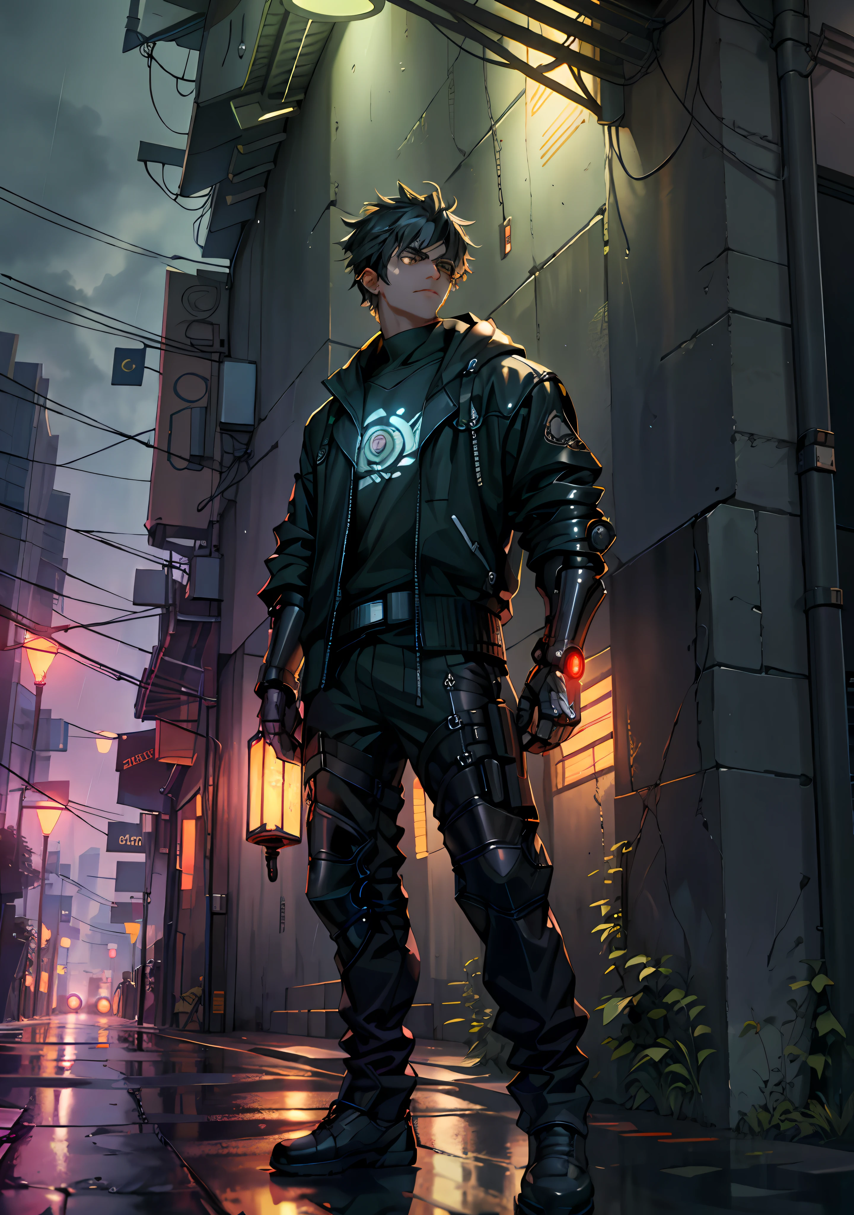 Ultra detail, high resolution, super detail, best quality, amazing, top quality, extremely detailed CG Unity 8k wallpaper, movie lighting, cat fans, cyberpunk, dark boy, mechanical arm, rainy night, standing under a street lamp, back against the wall, smoking, handsome face, cyberpunk, dark boy, mechanical arm, rainy night, night, rain, standing under a street lamp, leaning against a street lamp pole, with pitch-black broken hair on his head, the feathers on both sides of his head are as black as ink, but his eyes are very determined, as if nothing can completely defeat him. He is wearing a black sweatshirt, T-shirt, sweatshirt, and iron arm guards on both sides, two-dimensional, 4K, full body, mecha, iron arm, arm