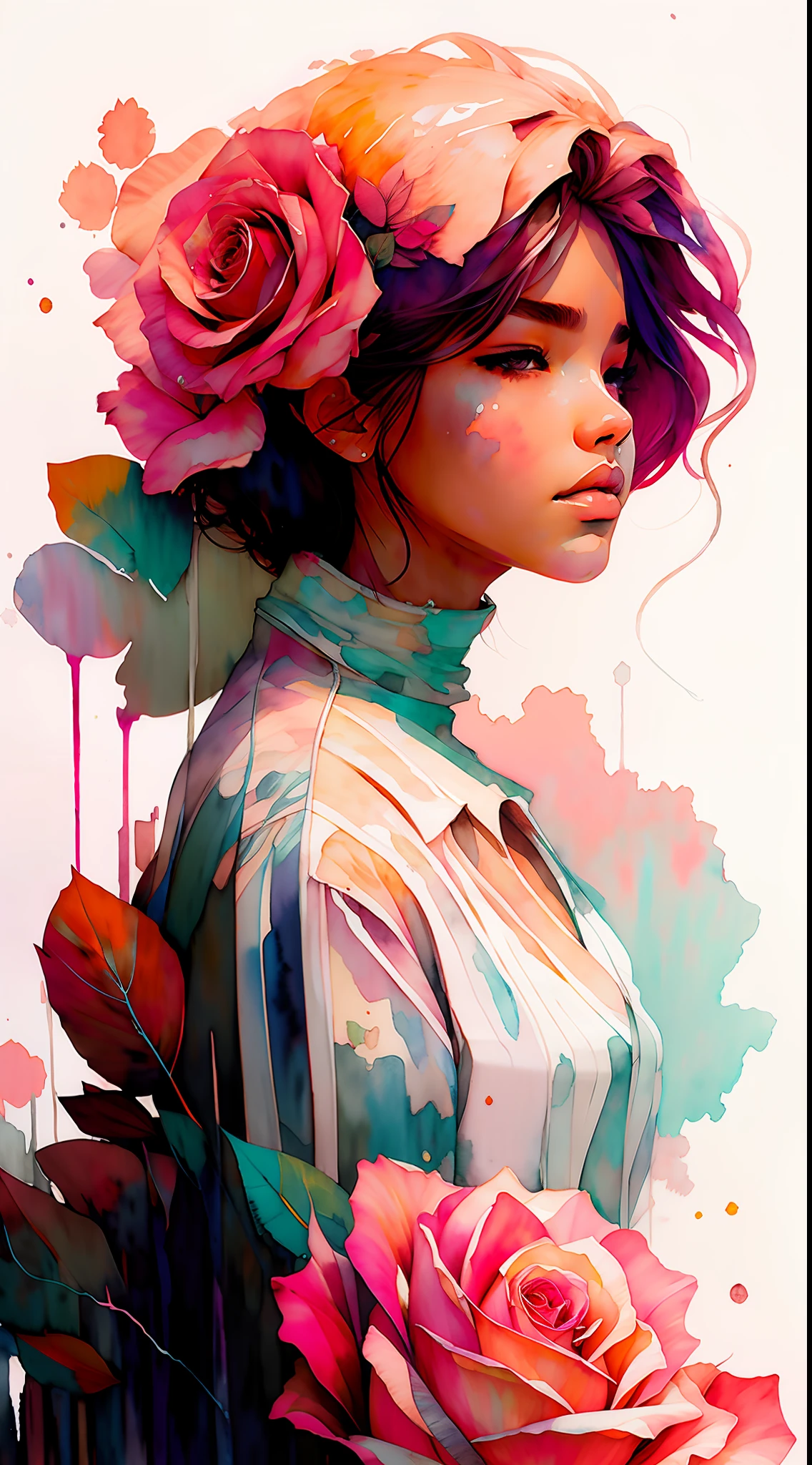 wtrcolor style, (rose) digital art, official art, blown by the wind, masterpiece, beautiful, ((watercolor)), paint splatter, intricate detail. Great detail, [dripping:0.7], Trending on Artstation, Rachel Walker