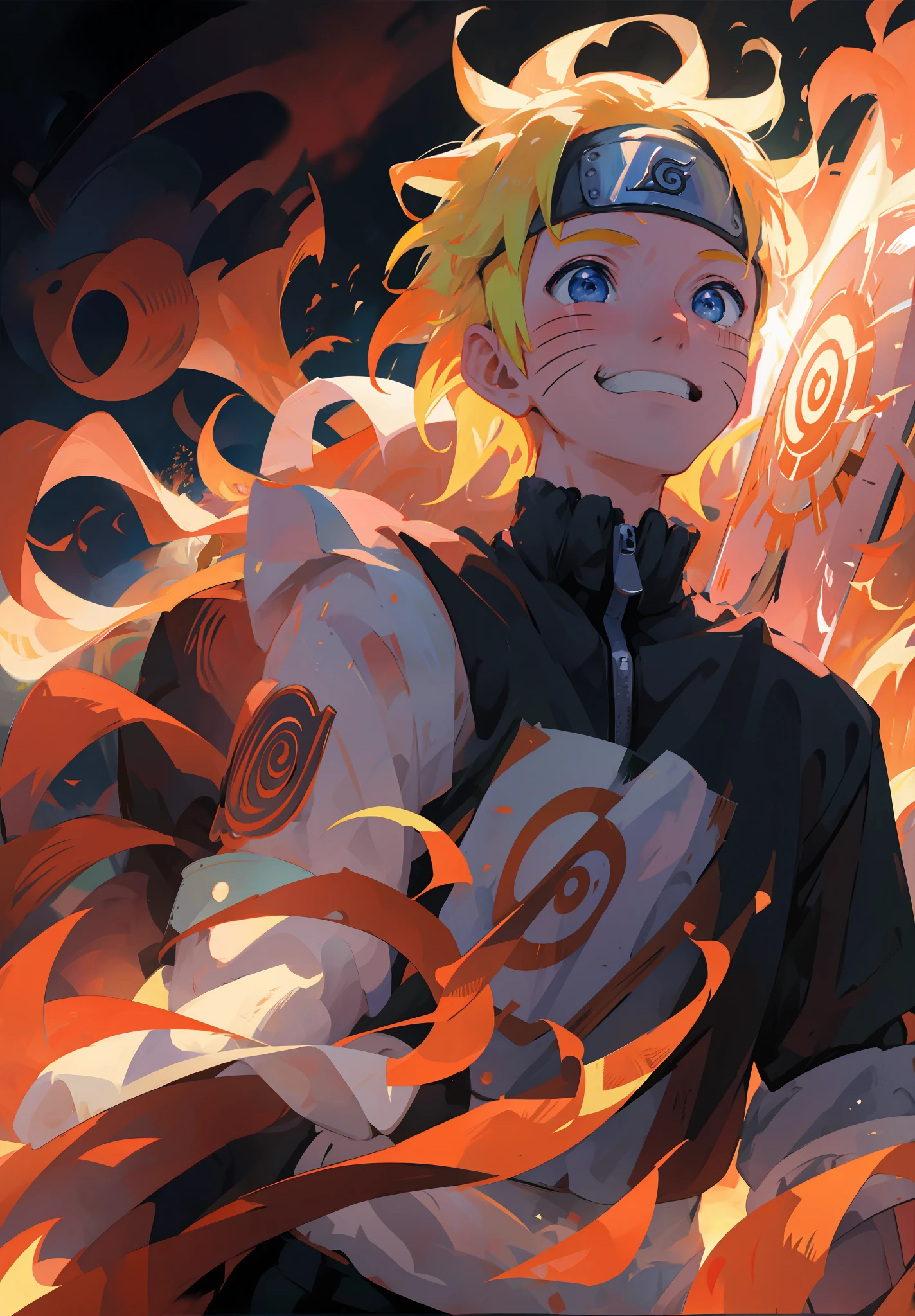 uzumaki naruto, 1boy,  masterpiece, best quality,upper body,portrait, looking at viewer,close up,  white shirt, sunshine, novel illustration,blurry foreground, fire flames (smiling)