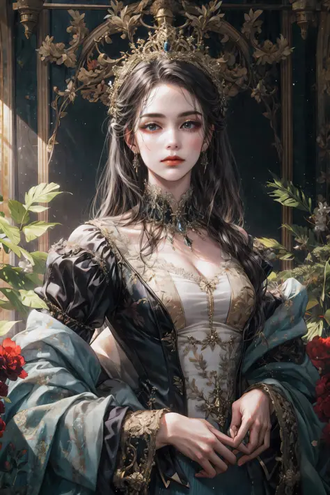 (absurdres, highres, ultra detailed), 1girl, solo, mature, baroque, long dress, long sleeve, elegant, colorful, highest detailed...