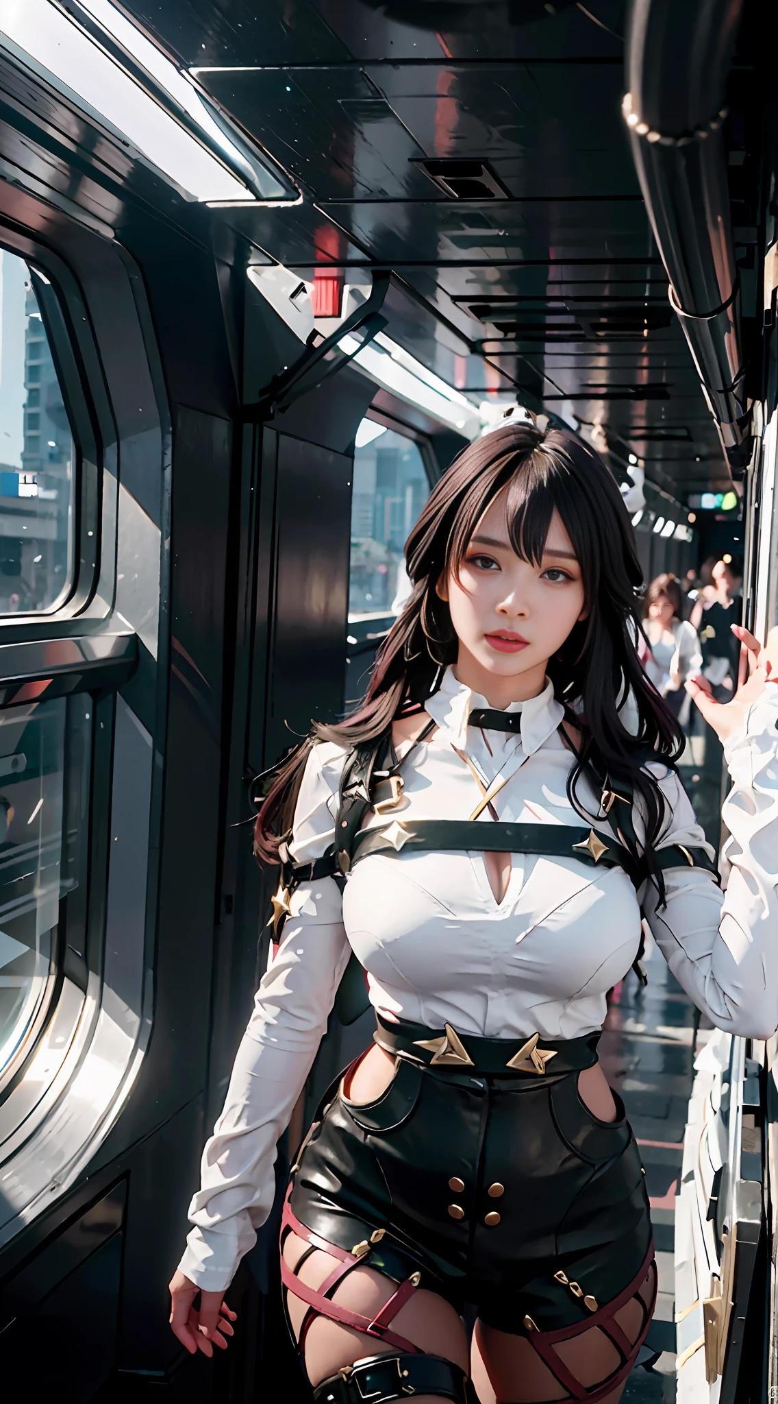 Unreal Engine 5 Realistic Rendering, wearing cosplay Kafka from Honkai Star Rail, Honkai Star Rail, game character, cosplayer, walking down hallway of futuristic space station, beautiful face, makeup, top body is hyper realistic thicc muscle and hyper largest_breasts!! with the type of boobs_melons, lower is huge buttocks, jealous, highres, highres, 1080P, UHD, masterpiece