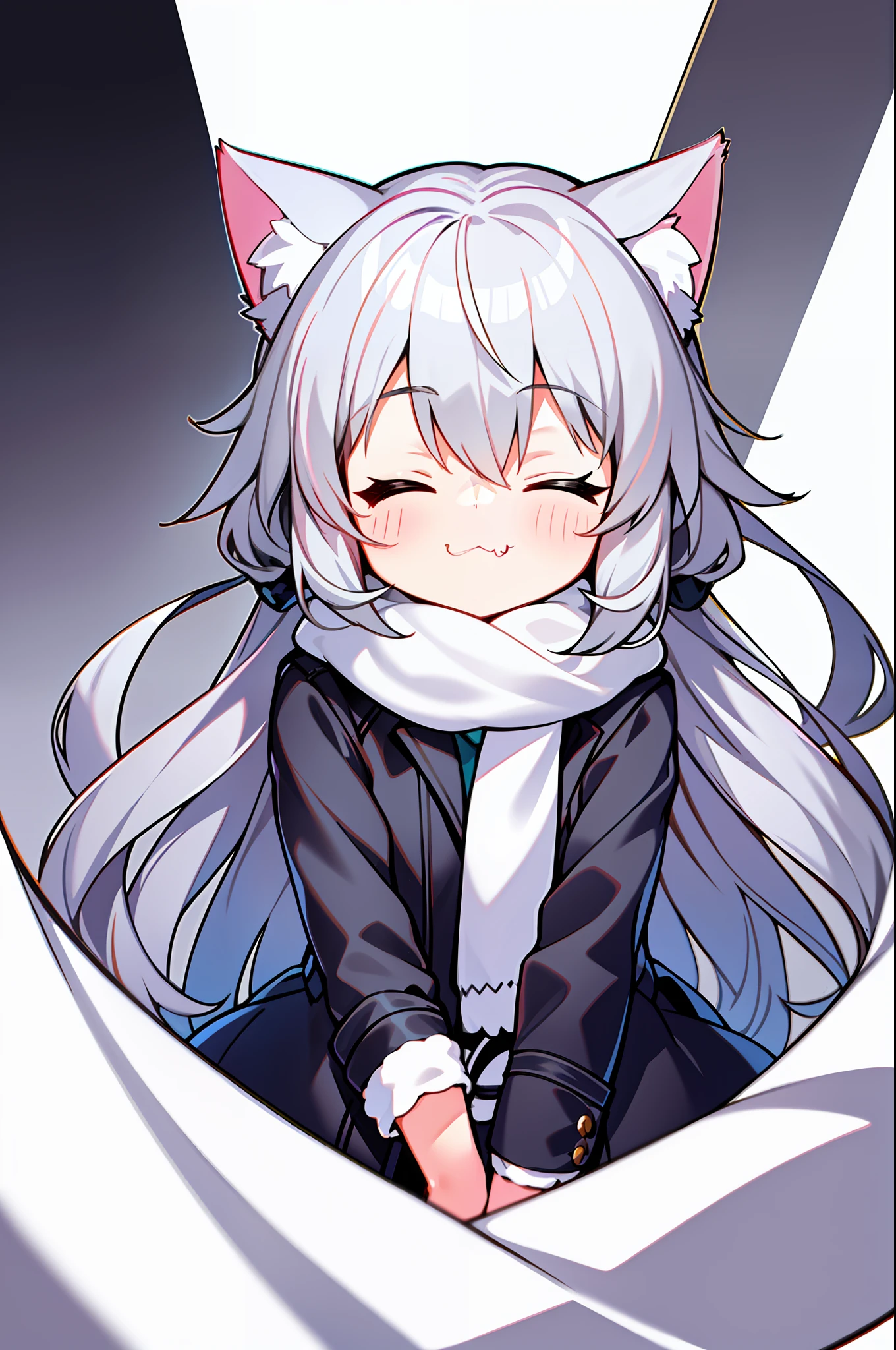 Masterpiece, Excellent, 1girl, gray hair, medium long hair, cat ears, closed eyes, looking at the audience, :3, cute, scarf, jacket, white background, fang, high quality, UHD