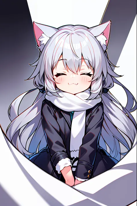 Masterpiece, Excellent, 1girl, gray hair, medium long hair, cat ears, closed eyes, looking at the audience, :3, cute, scarf, jac...