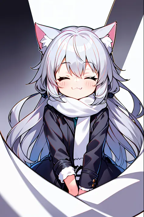 masterpiece, excellent, 1girl, gray hair, medium long hair, cat ears, closed eyes, looking at the audience, :3, cute, scarf, jac...