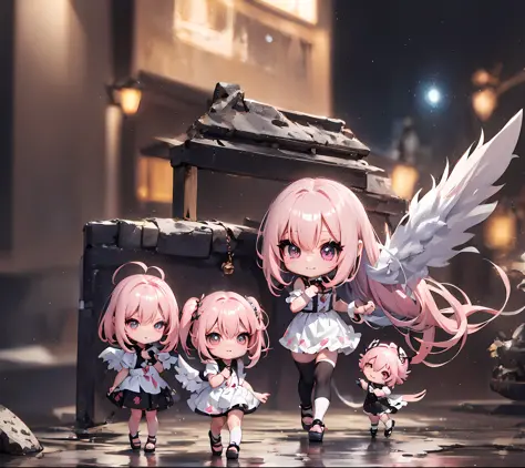 1 anime angel doll, (Chibi: 1.2), 8K high quality detail art, white feathers on the back, pink hair, gradient, twinkle, style as...