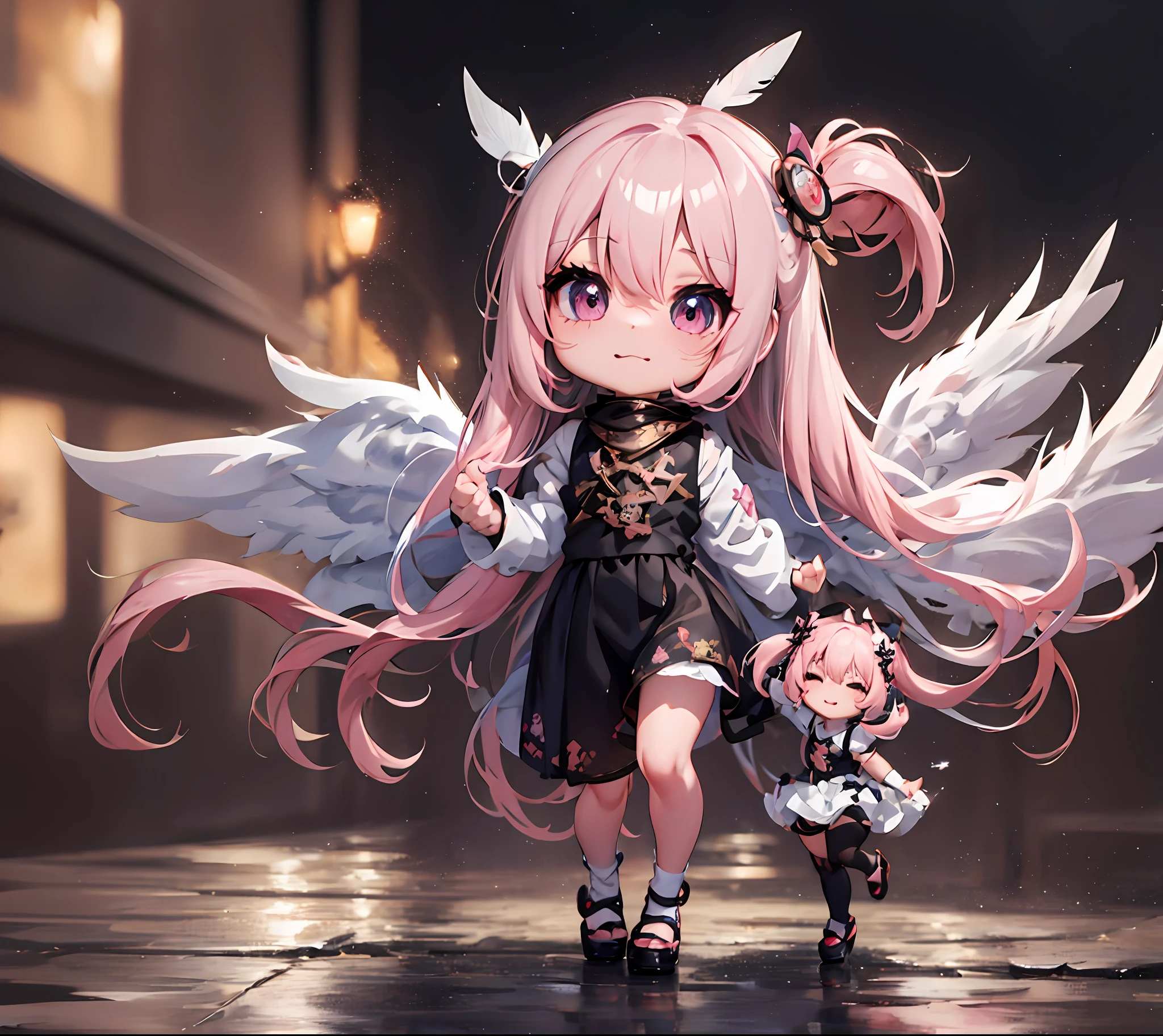 1 anime angel doll, (Chibi: 1.2), 8K high quality detail art, white feathers on the back, pink hair, gradient, twinkle, style as Nendoroid, stylized anime, anime style 4K, cute detailed digital art, Guweiz style artwork, 8K octar rendering photos, advanced digital chibi art, Cute 3d render, anime style, light, glow