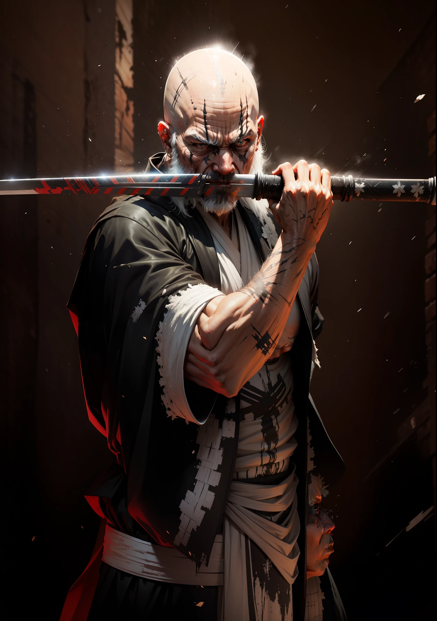 Yamamoto (bleach), bald old man, holding a katana in front of his face, black suits, torn robes, scars on his face, big gray brab, unreal engine 5, 8k.