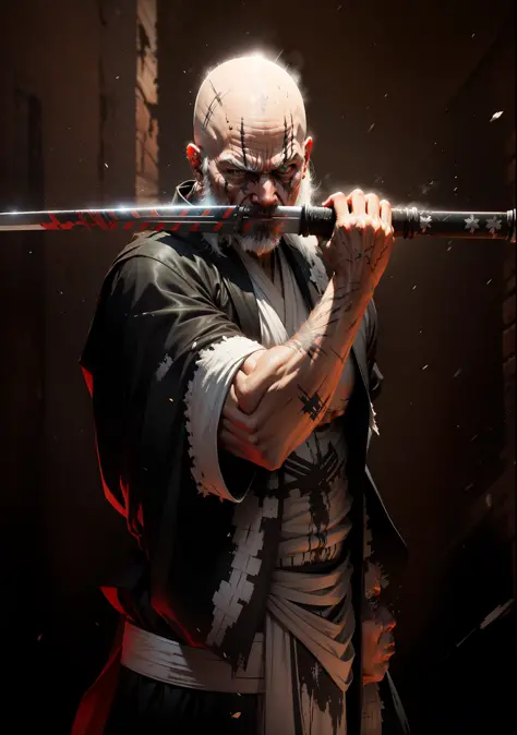 Yamamoto (bleach), bald old man, holding a katana in front of his face, black suits, torn robes, scars on his face, big gray bra...
