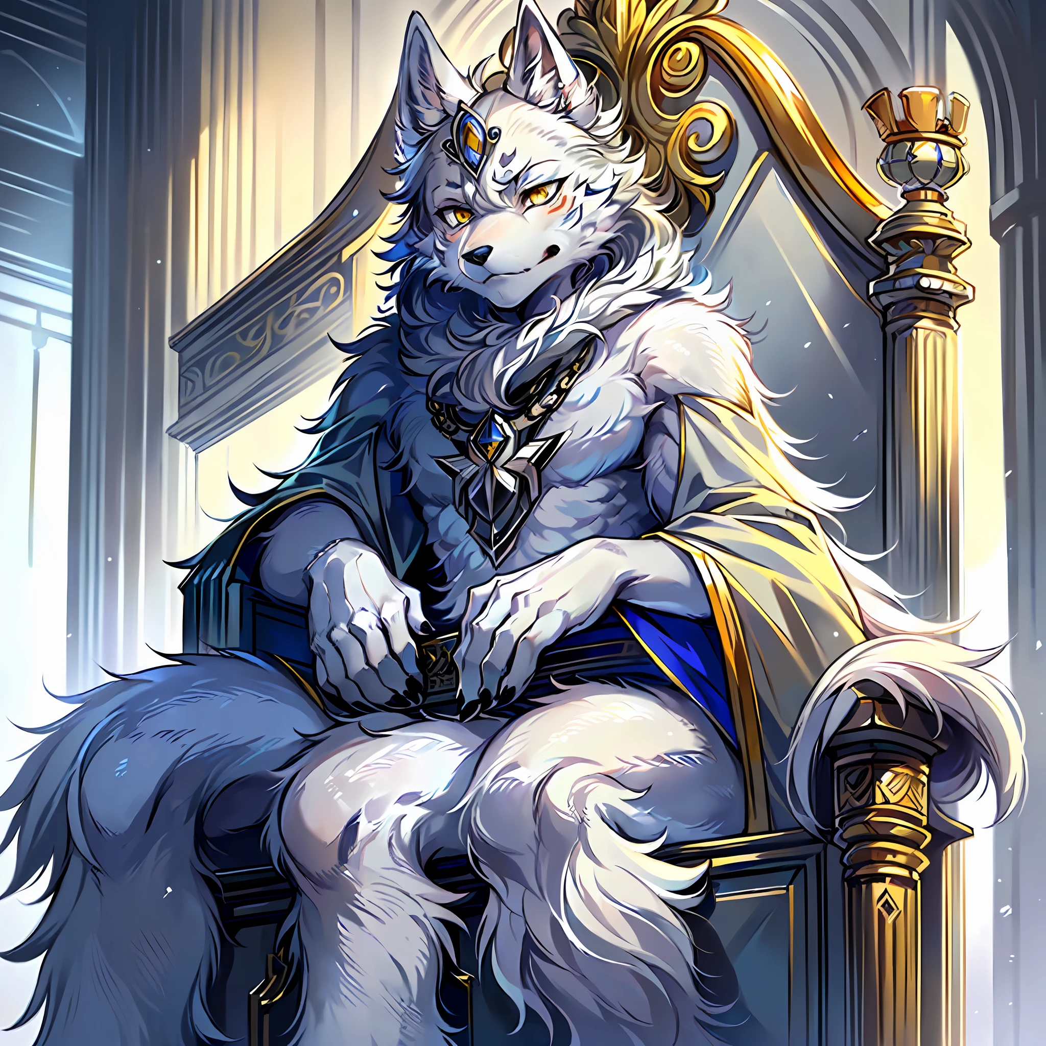 (Best Quality), (Masterpiece), ((Solitary)), (Ultra-detailed), (Furry), Furry, (Male Arctic Fox: 1.5), (Gray Skin: 1.3), (Fluffy Tail: 1.2), Character Focus, (Golden Eyes), (Canine Paws), (Grey Ears), Sharp Focus, (Furry Animal Ears), Indoors, ((Dim Environment)), (((Sitting on a Throne))), Serious Expression, Cold