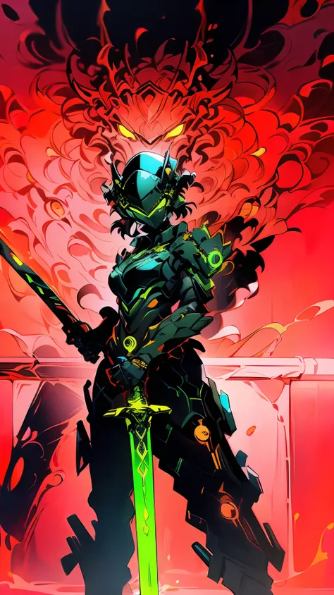 (((Masterpiece)), ((Best Quality)), 8K, High Detail, Ultra Detail, a cool girl mecha wearing a V-shaped helmet, wearing a black and yellow glowing mech suit, wielding a red glowing sword, battle pose action painting, background showing monster smoke.