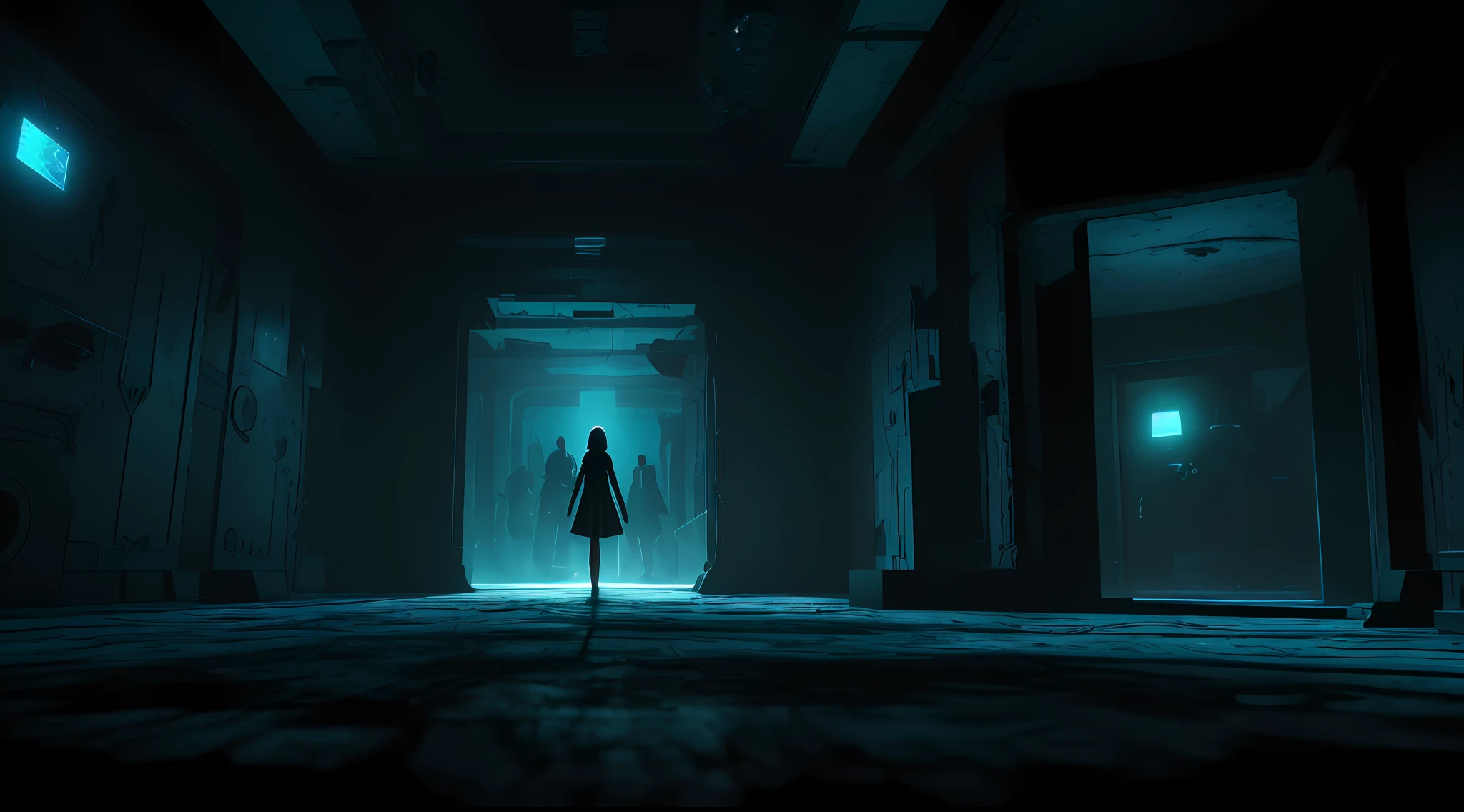 Square Interior Space, Secret Room, Immersive Indoor Horror Theme, Escape Room, Holographic, Projection, Decryption, Exploration, Detail, High Precision, Ground Projection, A Girl, A Boy, Bloody, Horror,