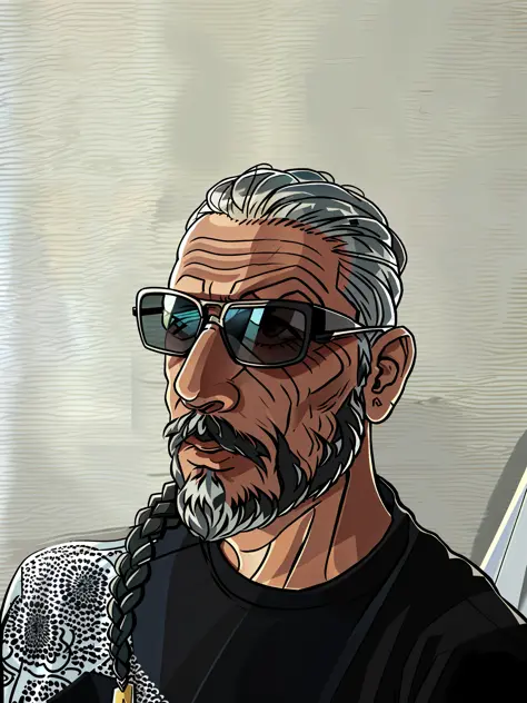 there is a man with a beard and sunglasses on, 45 years old men, implanted sunglasses, cornrows, about 3 5 years old, looking he...