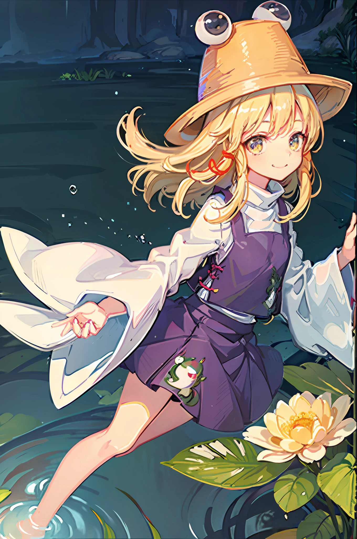 masterpiece, best quality, 1girl,smile,moriya suwako, frog print, hat, blonde hair, white shirt, purple skirt, pond background, sunshine, water, frogs, lilypads