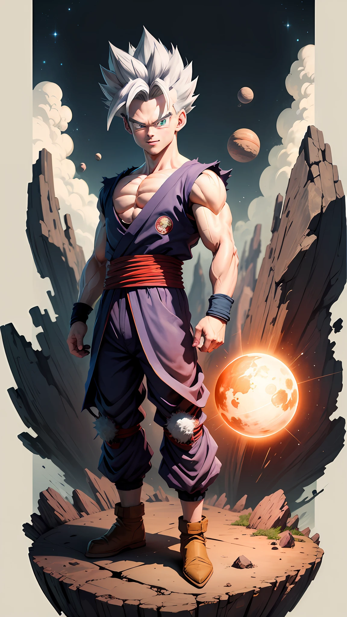 masterpiece, best quality, ultra-detailed, Adult Gohan 1boy, solo, Full body, evil smile, grey hair, spiked hair, red eyes, dougi, full body, looking at viewer, male focus, earth \(planet\), planet, space, cracked ground and rocks rising up, rubble rising,