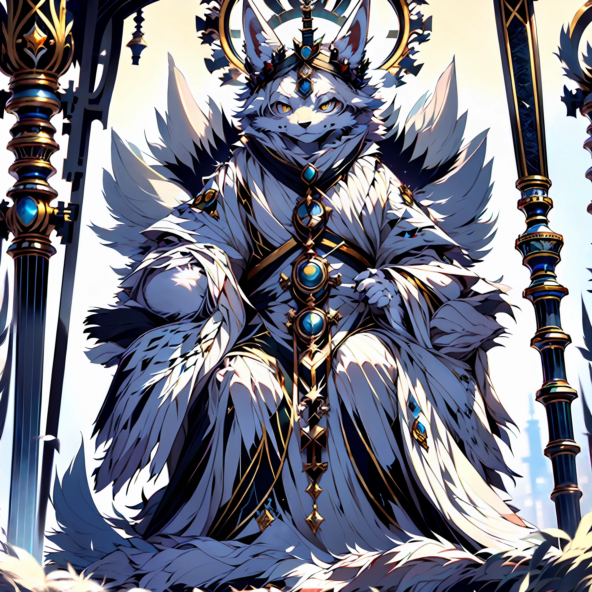 (Best Quality), (Masterpiece), ((Solitary)), (Ultra Detailed), (Furry), Furry, (Male Arctic Fox: 1.5), (Grey Skin: 1.3), (Fluffy Tail: 1.2), Character Focus, (Golden Eyes), (Canine Paws), (Grey Ears), Sharp Focus, (Furry Animal Ears), Indoors, ((Dimly Littered)), (Sitting on a Throne))), Serious Expression, Cold, ((In a Robe)), (with a Crown) )