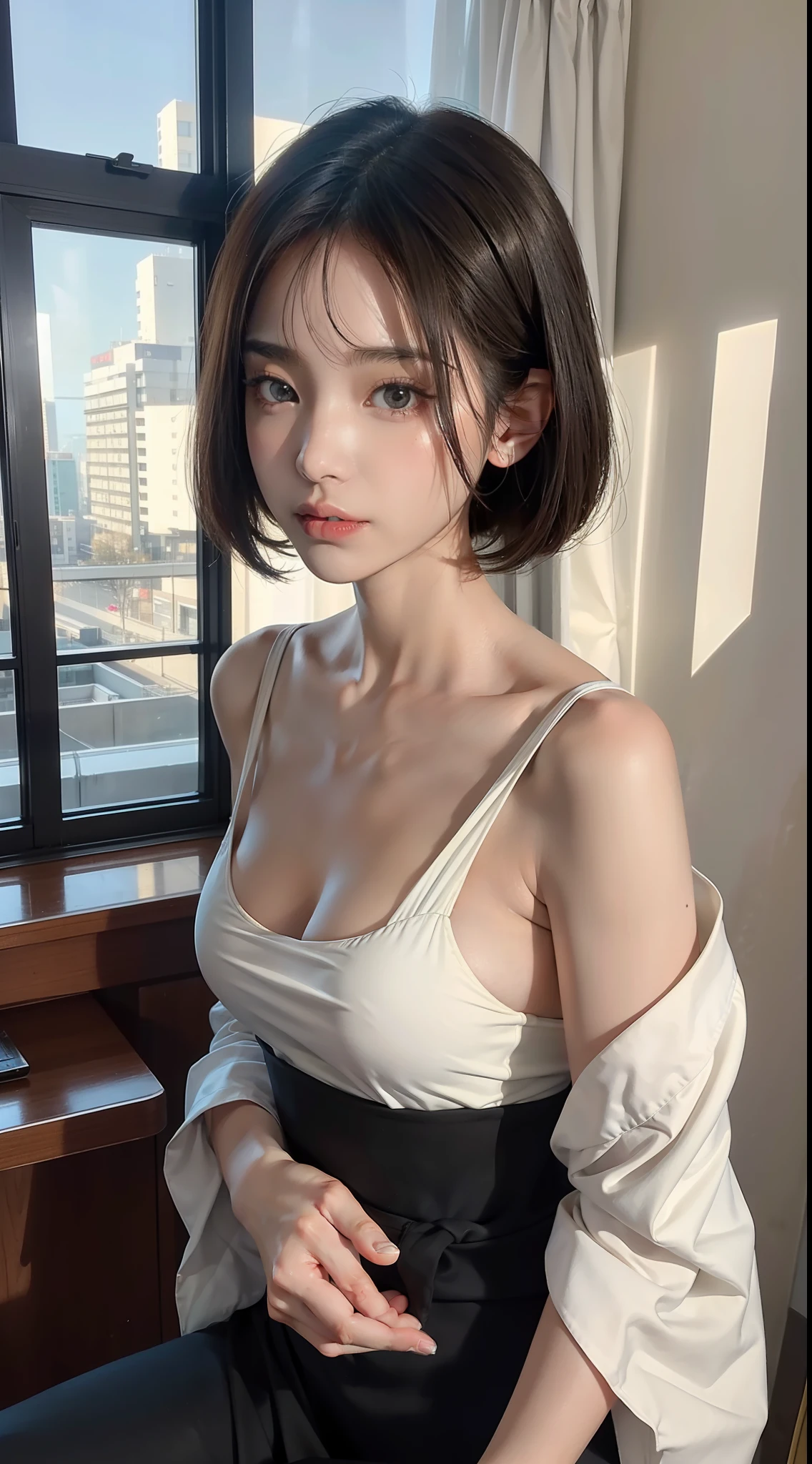 Masterpiece, 1 beautiful girl, detailed eyes, swollen eyes, top quality, super high res, (Reality: 1.4), cinematic lighting, Japanese, Asian beauty, Korean, very beautiful, beautiful skin, slender, body facing forward, (super realistic), (high res), (8K), (very detailed), ( Best Illustration), (beautifully detailed eyes), (super detailed), (wallpaper), detailed face, bright lighting, professional lighting, looking at viewer, facing straight ahead, neat clothes, short hair, black hair, pureerosfaceace_v1, 46 point slanted bangs, hotel room with morning sun in the background, window The background is a hotel room with the morning sun shining through the window, a clear ocean outside, and an angle from the waist up,