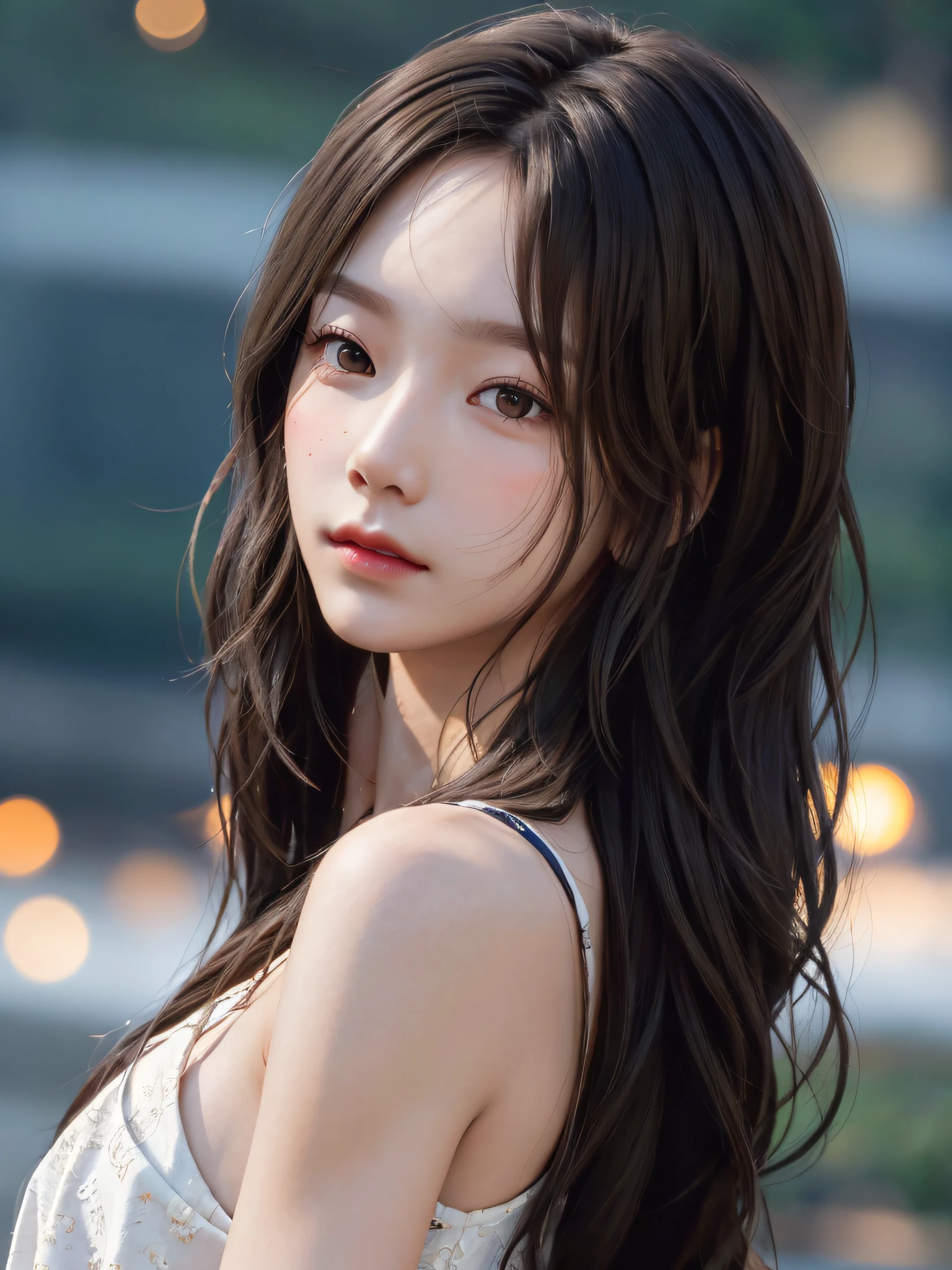film portrait photography, 1girl, bare shoulders, wavy shoulder-length hair, serene, calm, (realistic detailed eyes, natural skin texture, realistic face details), soft dramatic lighting, depth of field, bokeh, vibrant details, finely detailed, hyperrealistic